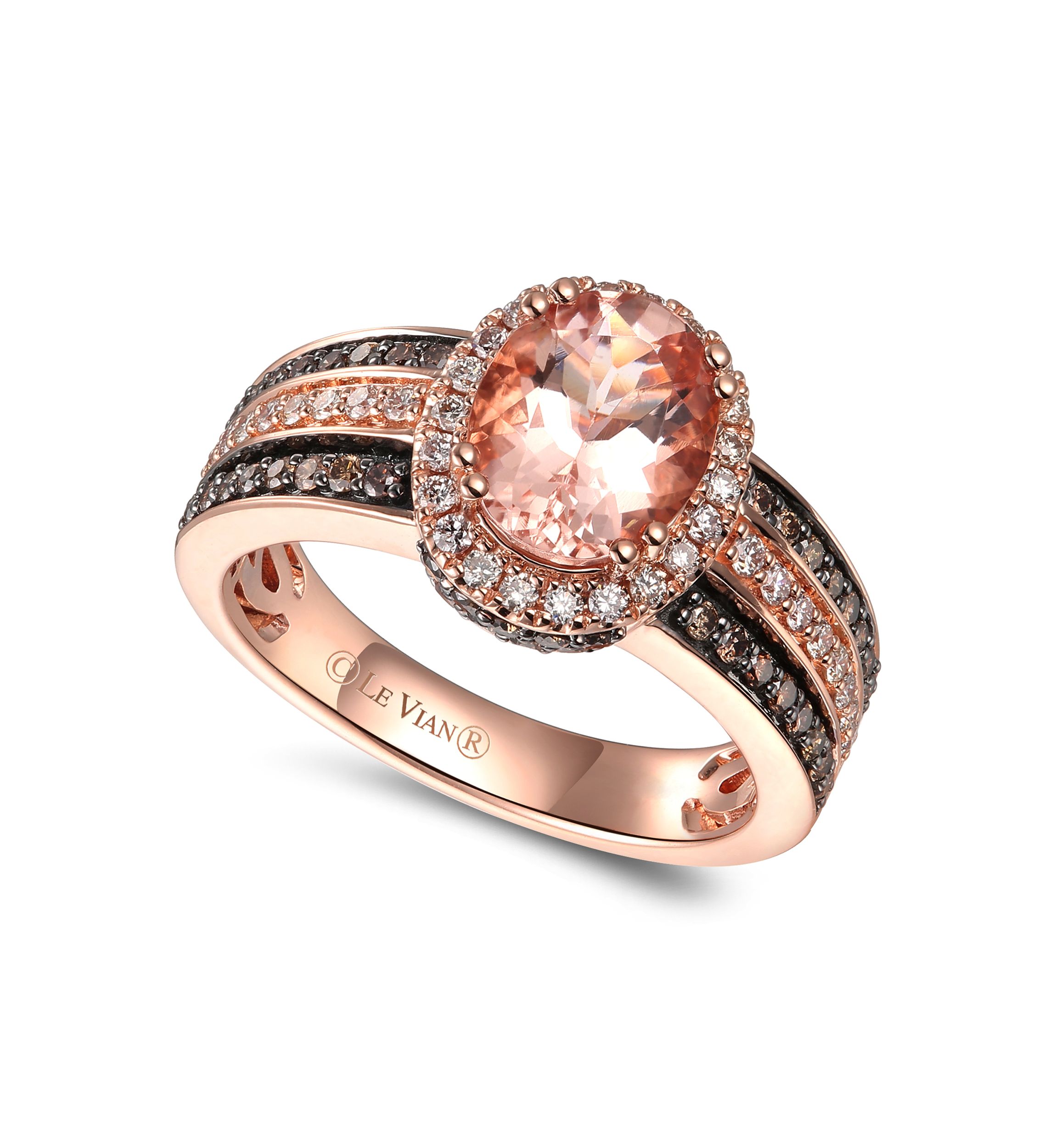 Ring featuring 1 1/3 cts. Peach Morganite™, 1/3 cts. Nude Diamonds™, 3/8 cts. Chocolate Diamonds® set in 14K Strawberry Gold®