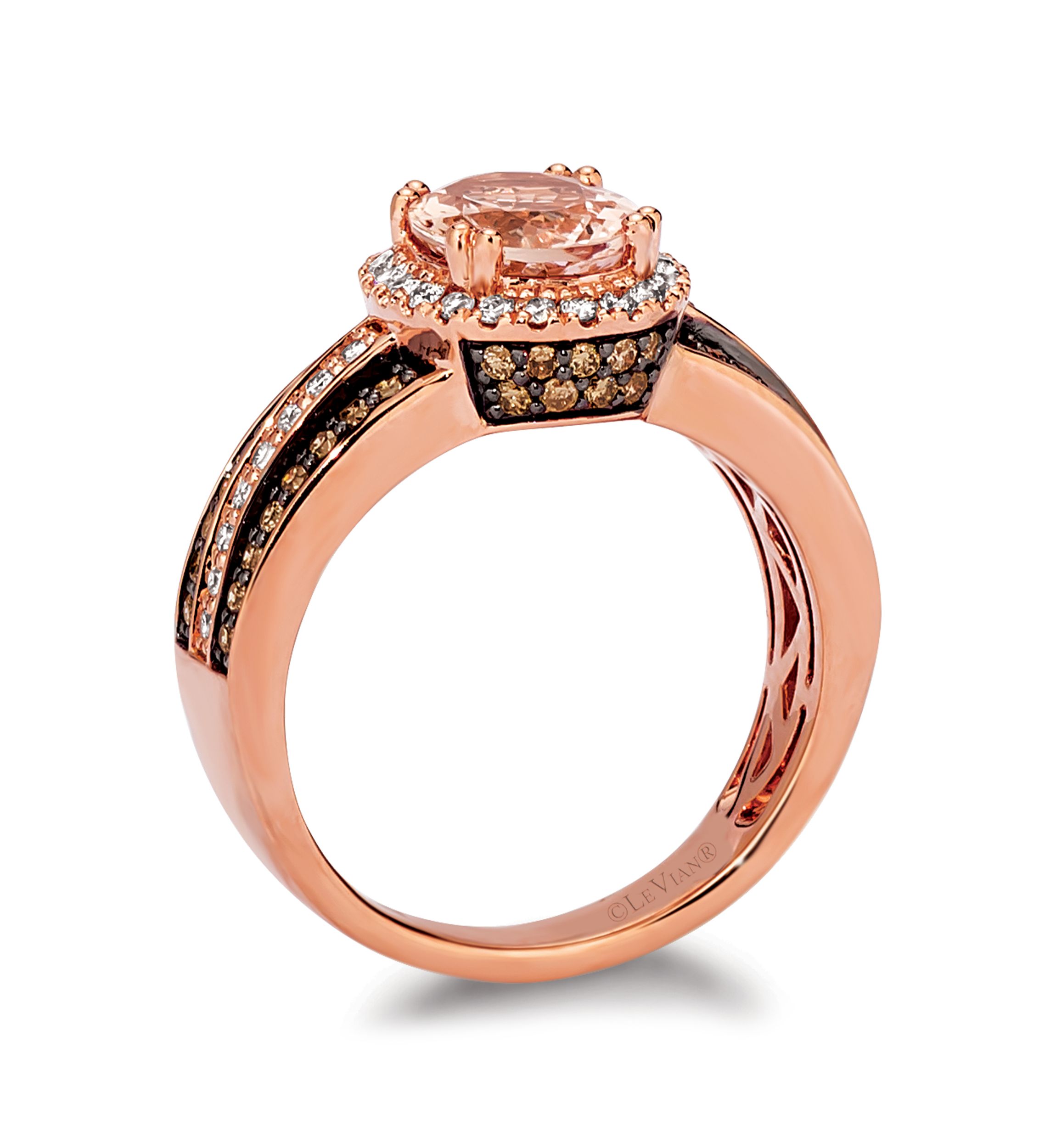 Ring featuring 1 1/3 cts. Peach Morganite™, 1/3 cts. Nude Diamonds™, 3/8 cts. Chocolate Diamonds® set in 14K Strawberry Gold®