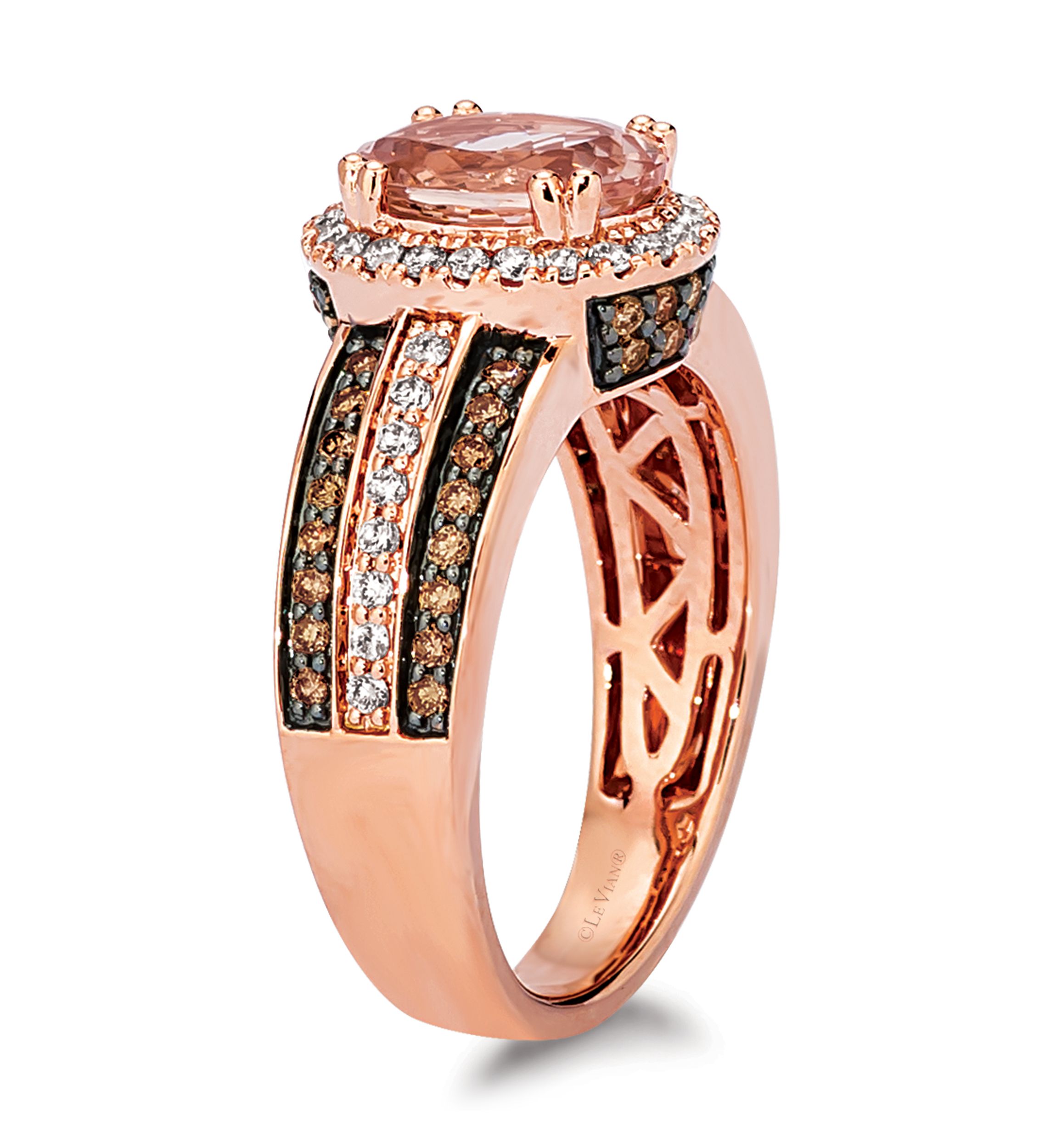 Ring featuring 1 1/3 cts. Peach Morganite™, 1/3 cts. Nude Diamonds™, 3/8 cts. Chocolate Diamonds® set in 14K Strawberry Gold®
