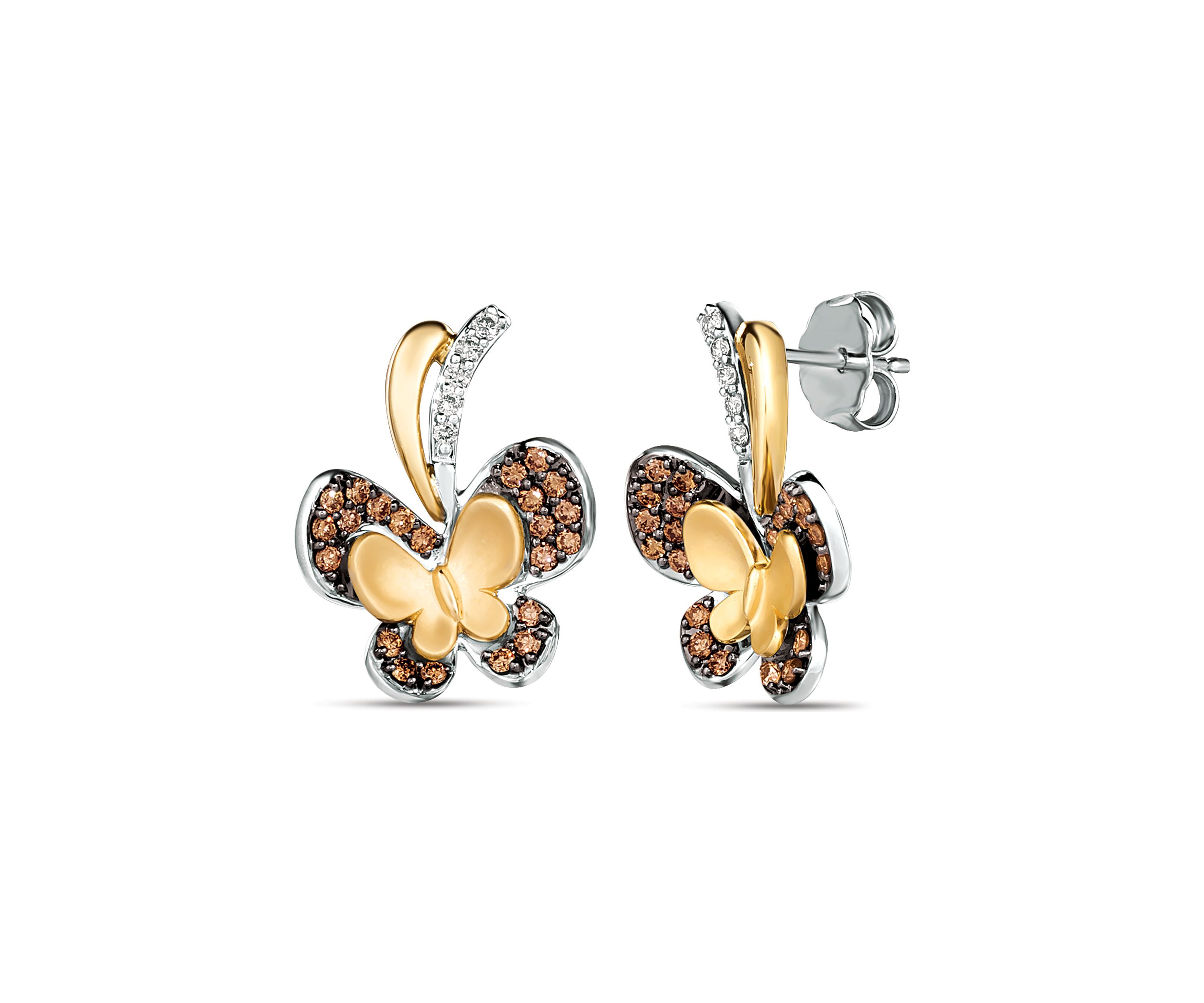 1/3 ct. t.w. Chocolate Diamonds®, 1/20 ct. t.w. Nude Diamonds™ Butterfly Earrings in 14K Two Tone Gold