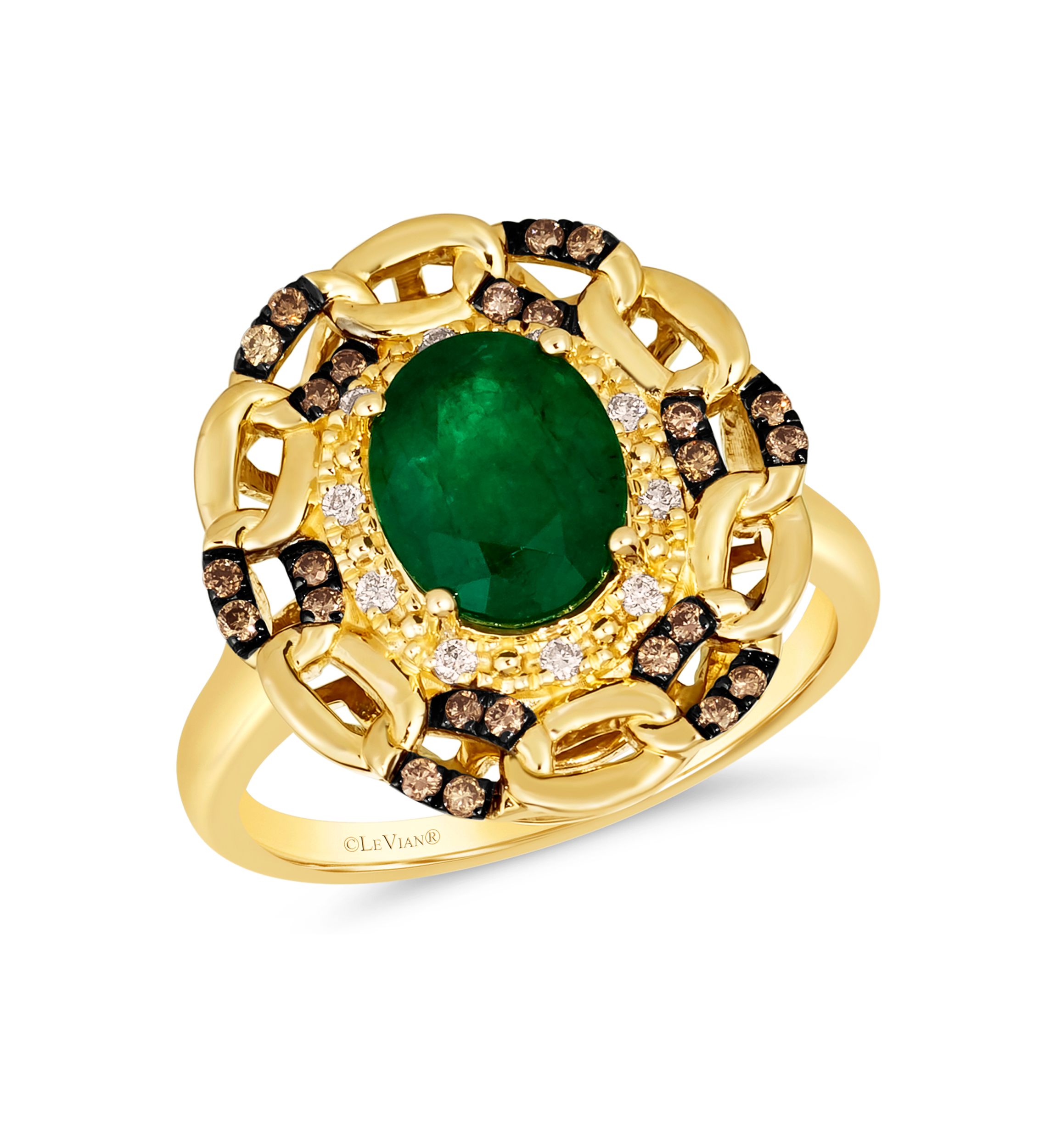 1.33 ct. t.w. Costa Smeralda Emeralds™, 1/10 ct. t.w. Nude Diamonds™, 1/8 ct. t.w. Chocolate Diamonds® Ring in 14K Honey Gold™