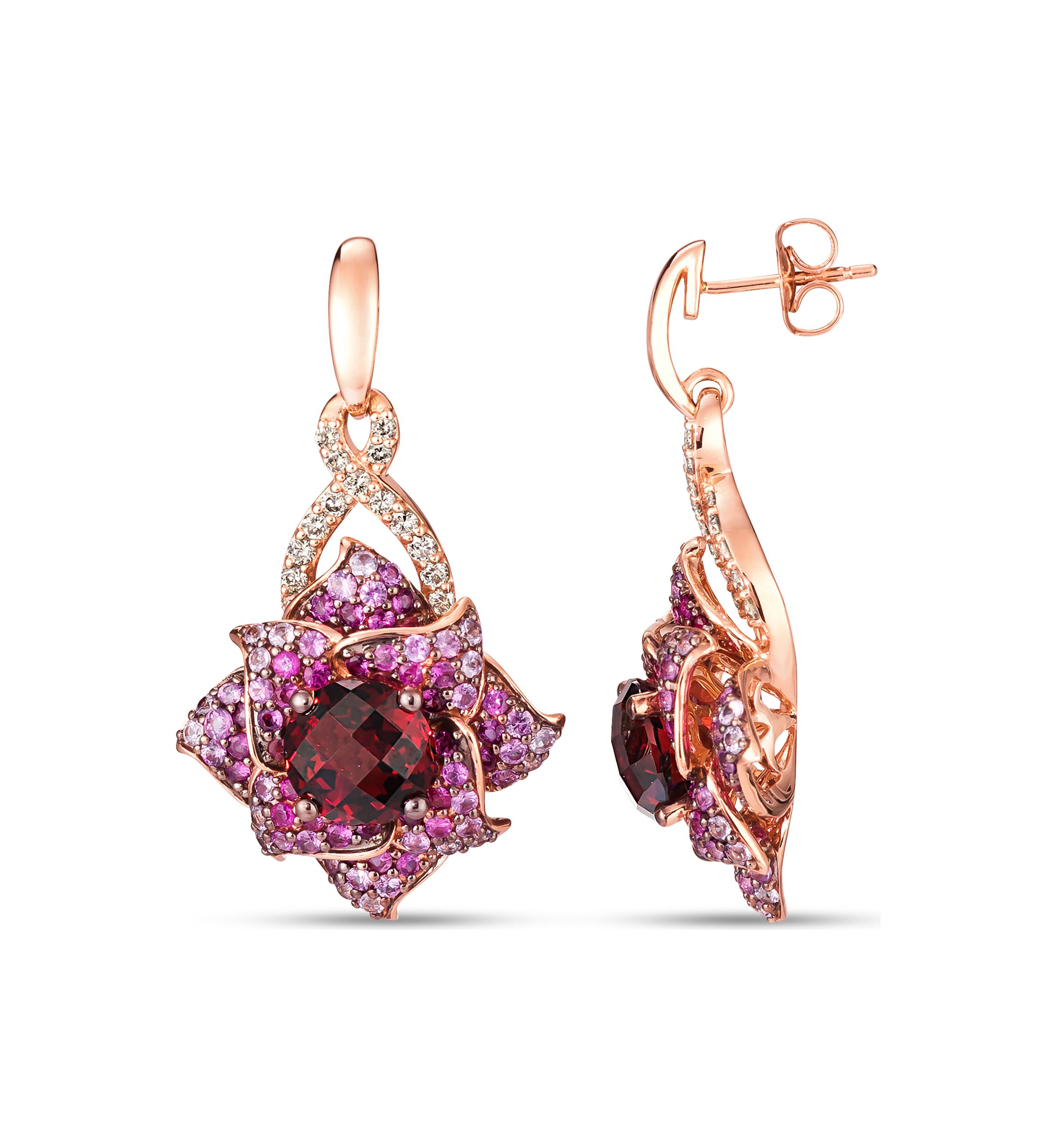 4.5 ct. t.w. Pomegranate Garnet™, 2.62 ct. t.w. Strawberry Ombré®, 3/8 ct. t.w. Nude Diamonds™ Earrings in 14K Strawberry Gold®