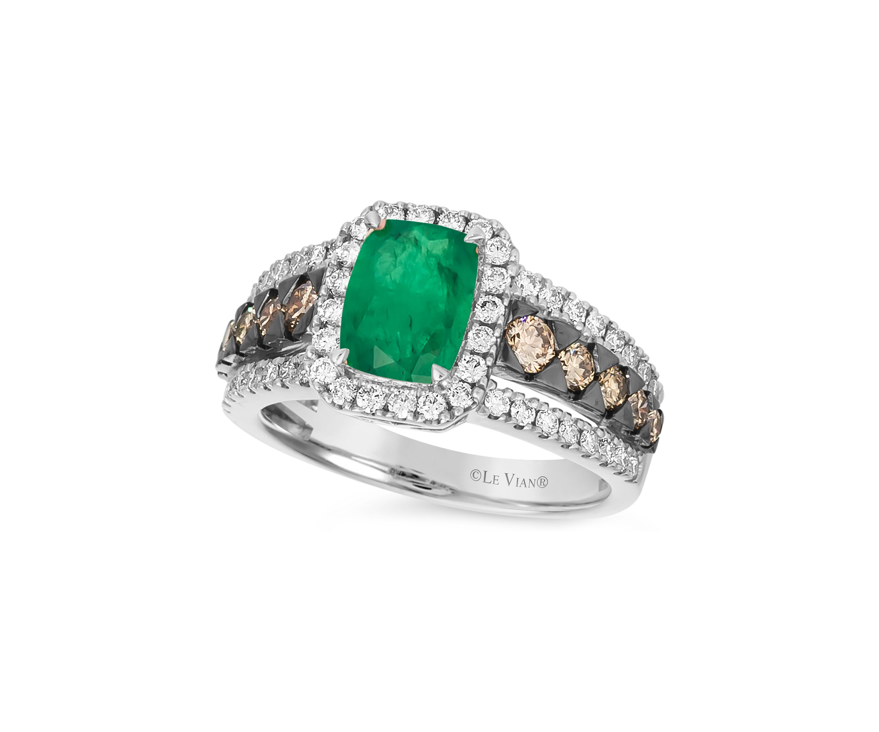 Ring featuring 1.2 ct. t.w. Costa Smeralda Emeralds™, 1/2 ct. t.w. Chocolate Diamonds®, 1/2 ct. t.w. Nude Diamonds™ set in 14K Vanilla Gold®