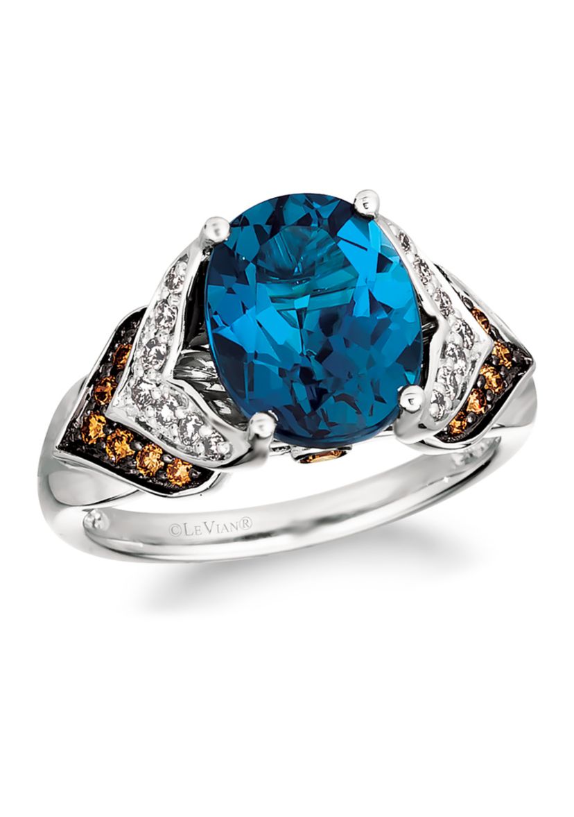 1/5 ct. t.w. Chocolate Diamond®, 1/6 ct. t.w. Nude Diamond™, and 4 ct. t.w. Blue Topaz Ring in 14K Vanilla Gold®