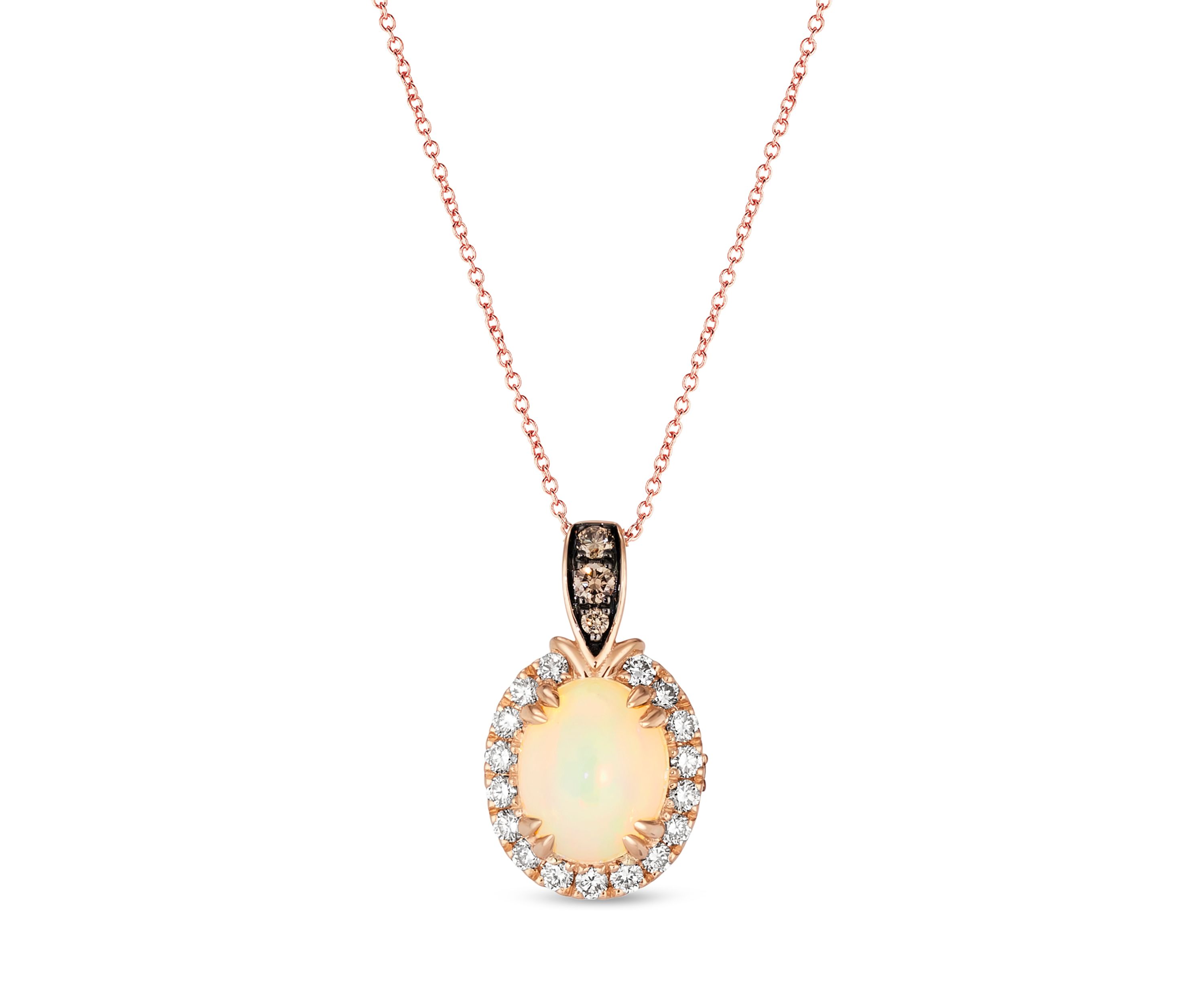 1/10 ct. t.w. Chocolate Diamond®, 1/3 ct. t.w. Nude Diamond™, and 1.2 ct. t.w. Opal Pendant Necklace in 14K Strawberry Gold®