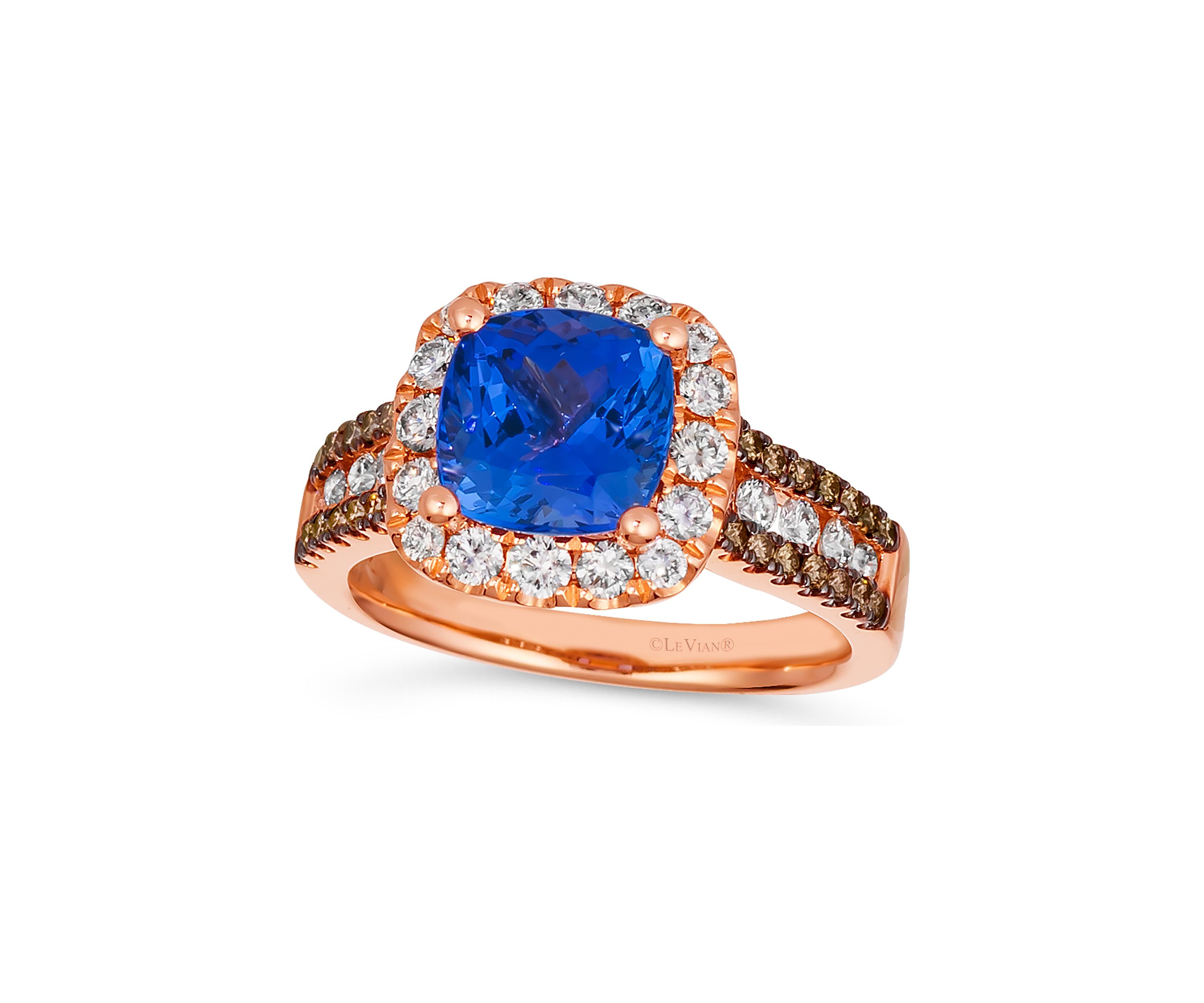 2 ct. t.w. Blueberry Tanzanite®, 3/4 ct. t.w. Nude Diamond™, 1/4 cts. Chocolate Diamond® Ring in 14K Strawberry Gold®