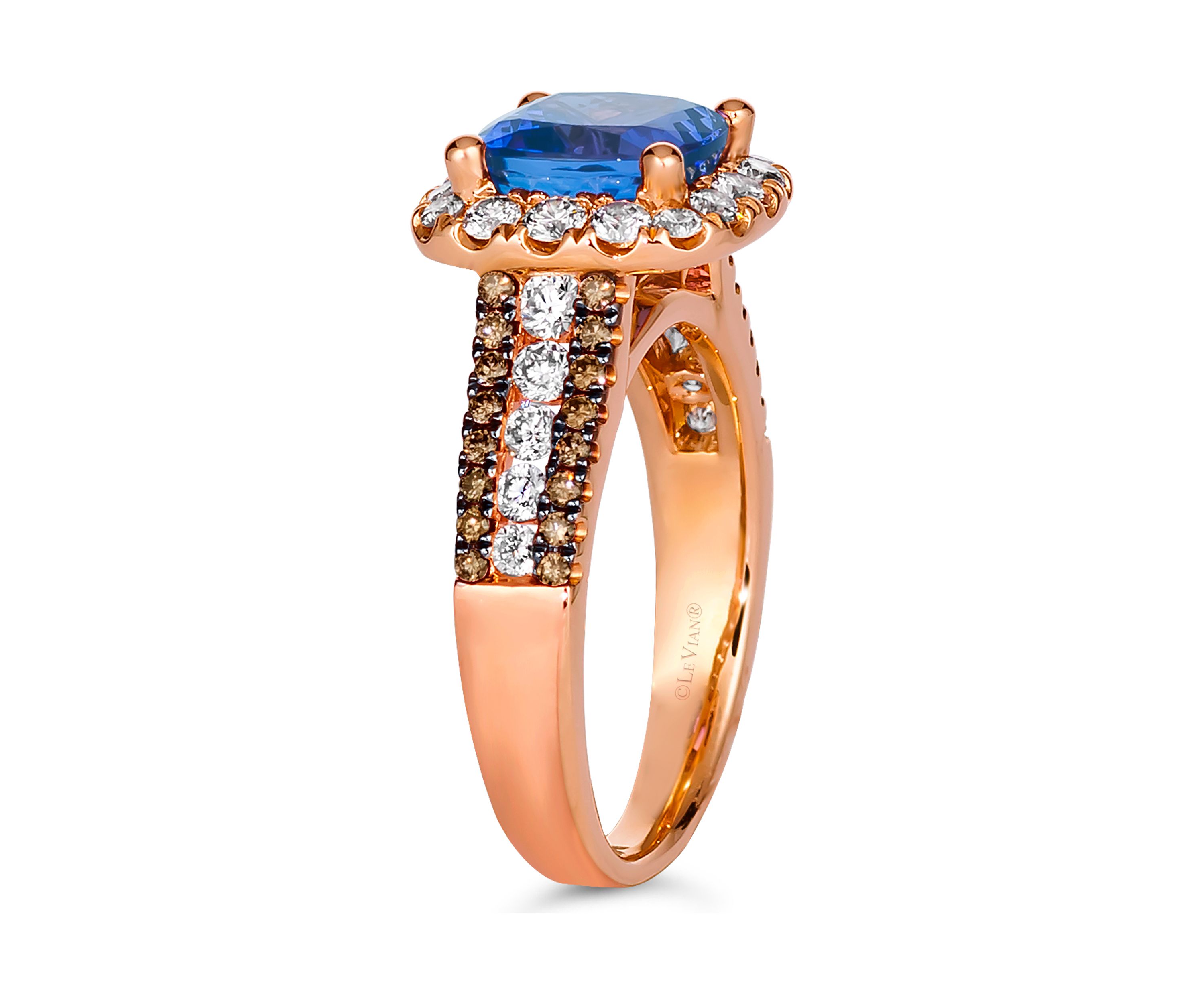 2 ct. t.w. Blueberry Tanzanite®, 3/4 ct. t.w. Nude Diamond™, 1/4 cts. Chocolate Diamond® Ring in 14K Strawberry Gold®
