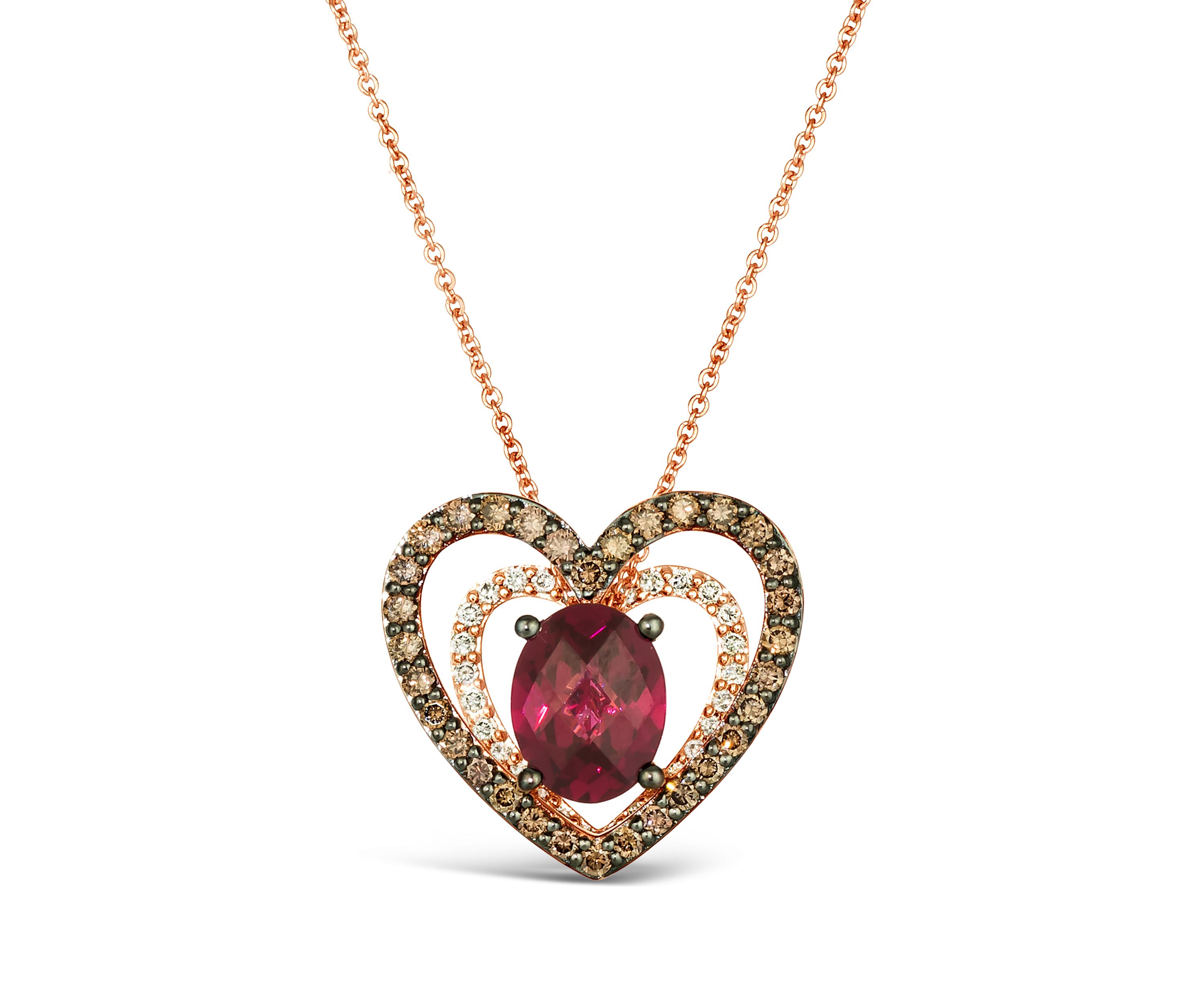 2.33 ct. t.w. Raspberry Rhodolite®, 1/2 ct. t.w. Chocolate Diamonds®, 1/5 ct. t.w. Nude Diamonds™ Pendant Necklace in 14K Strawberry Gold®