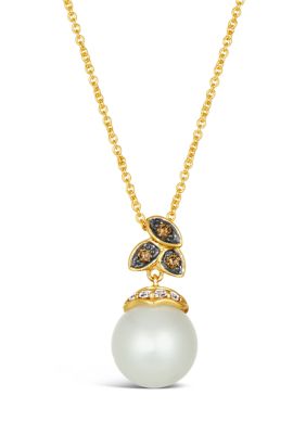 1/10 ct. t.w. Diamond and Freshwater Pearl Pendant Necklace in 14K Honey Gold