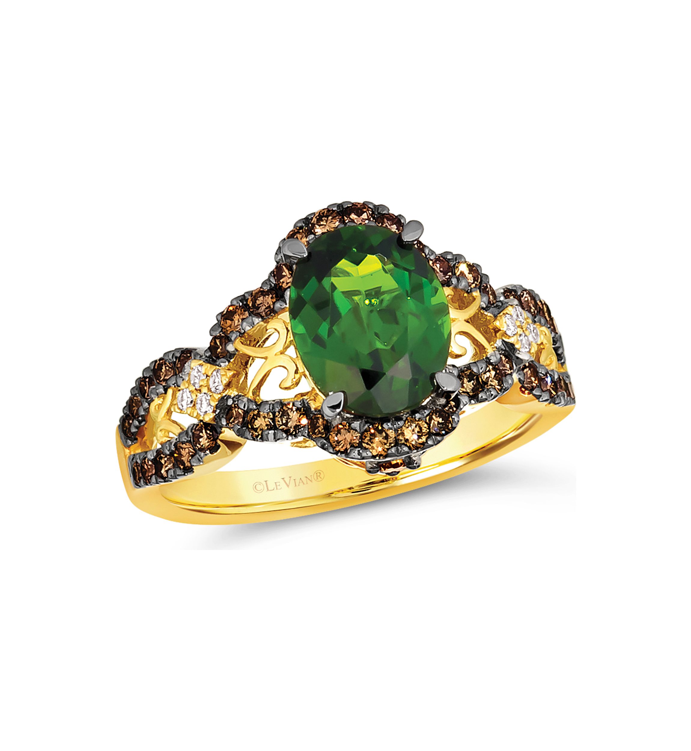 1.5 ct. t.w. Pistachio Diopside®, 5/8 ct. t.w. Chocolate Diamonds®, and Nude Diamonds™ Ring in 14K Yellow Gold
