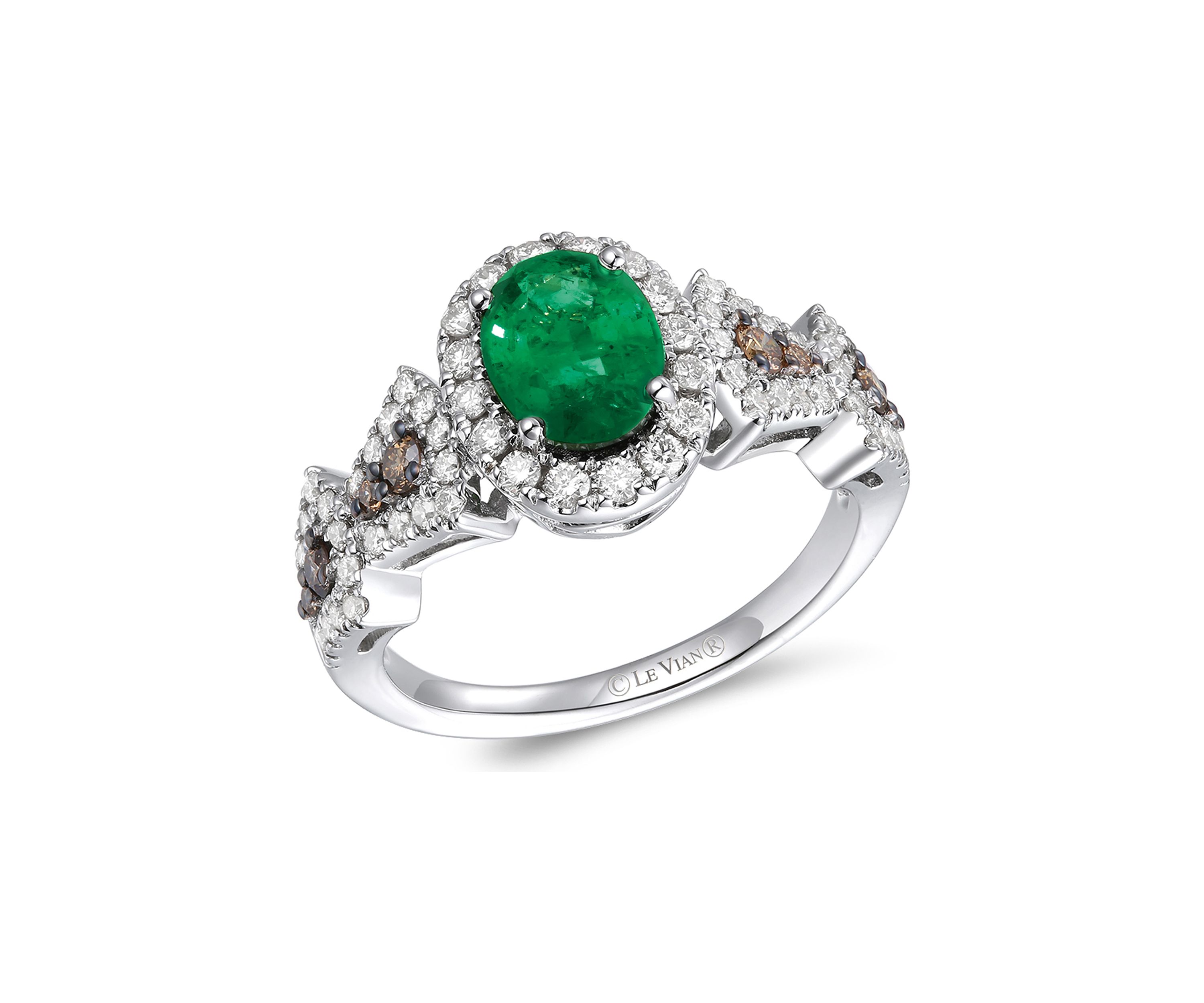  7/8 ct. t.w. Emerald, 1/2 ct. t.w. Nude Diamonds™, and 1/6 ct. t.w. Chocolate Diamonds® Ring in 14K White Gold 