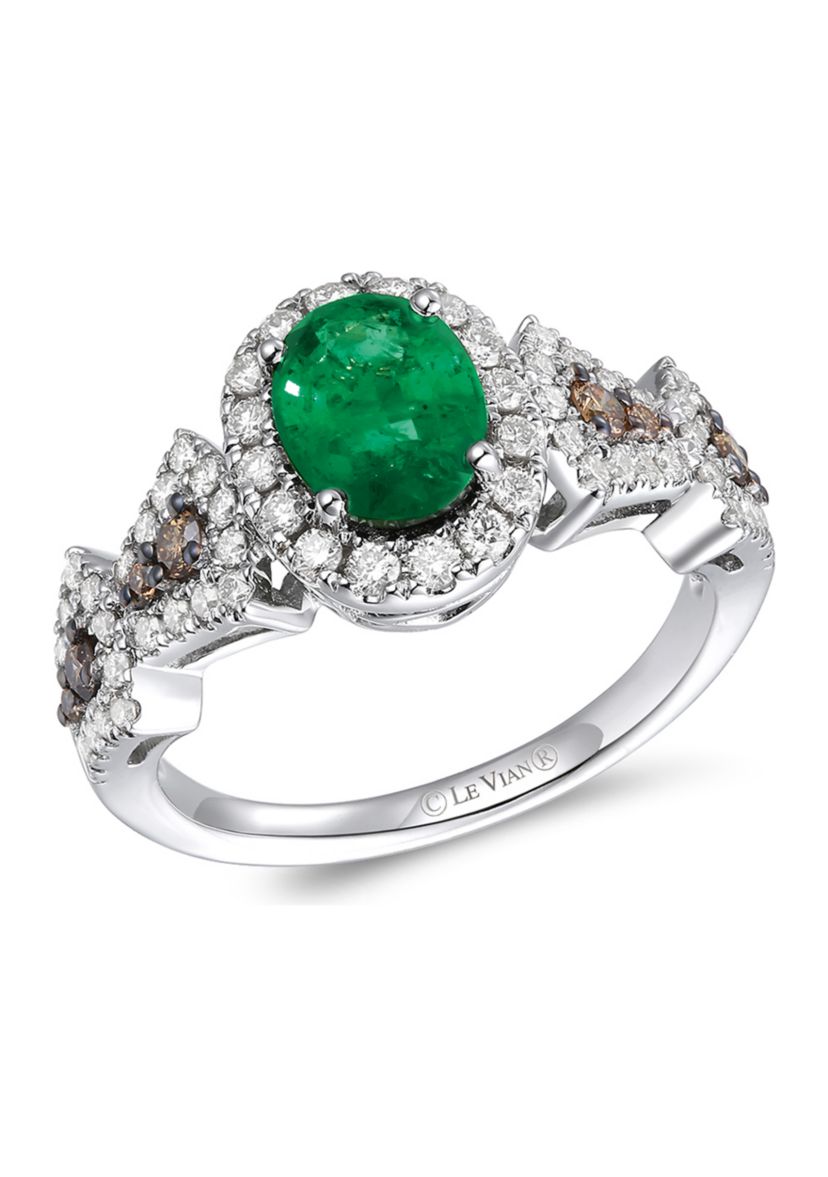  7/8 ct. t.w. Emerald, 1/2 ct. t.w. Nude Diamonds™, and 1/6 ct. t.w. Chocolate Diamonds® Ring in 14K White Gold 