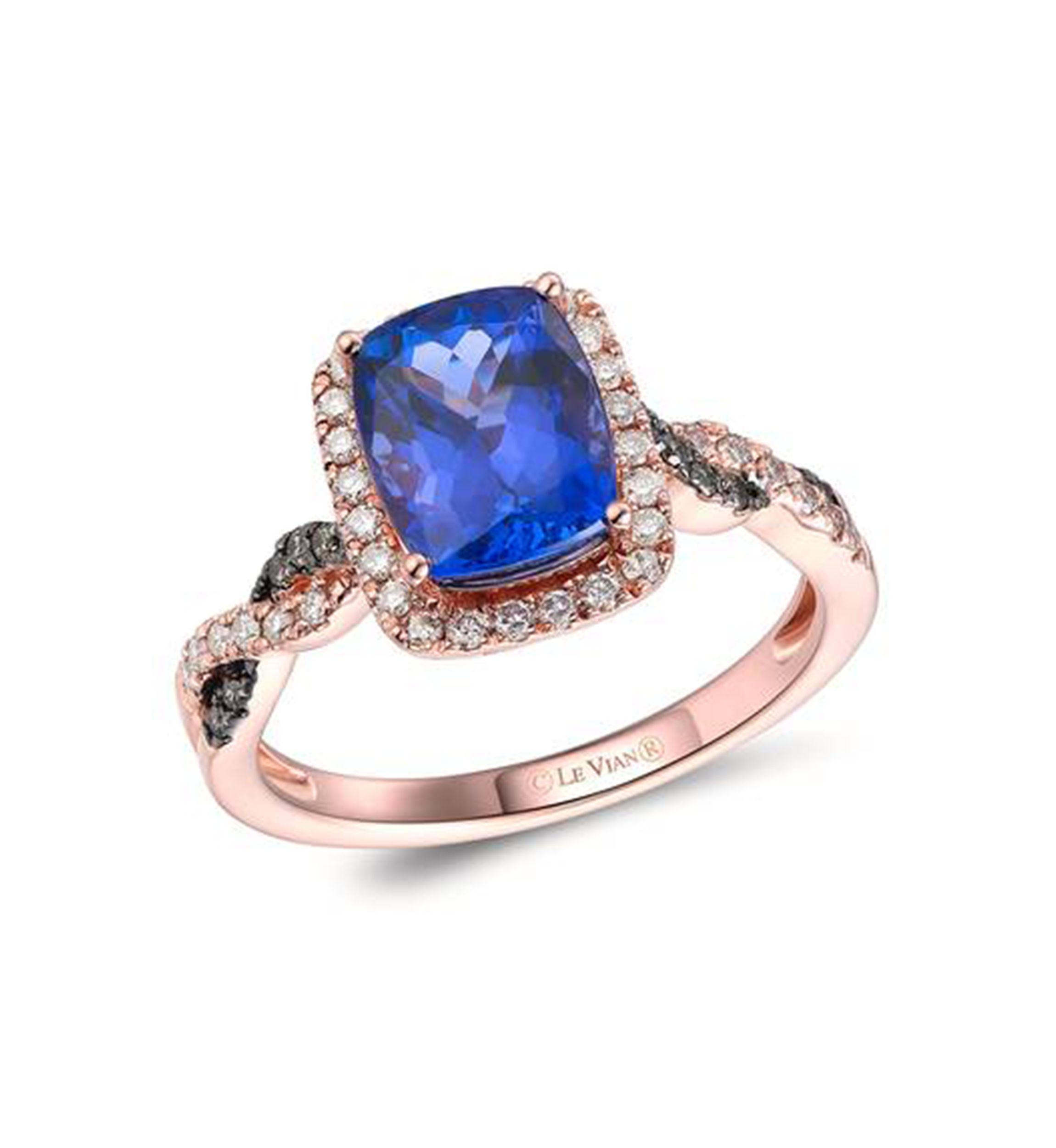 2 ct. t.w. Blueberry Tanzanite®, 1/4 ct. t.w. Nude Diamonds™, 1/15 ct. t.w. Chocolate Diamonds® Ring in 14K Strawberry Gold®