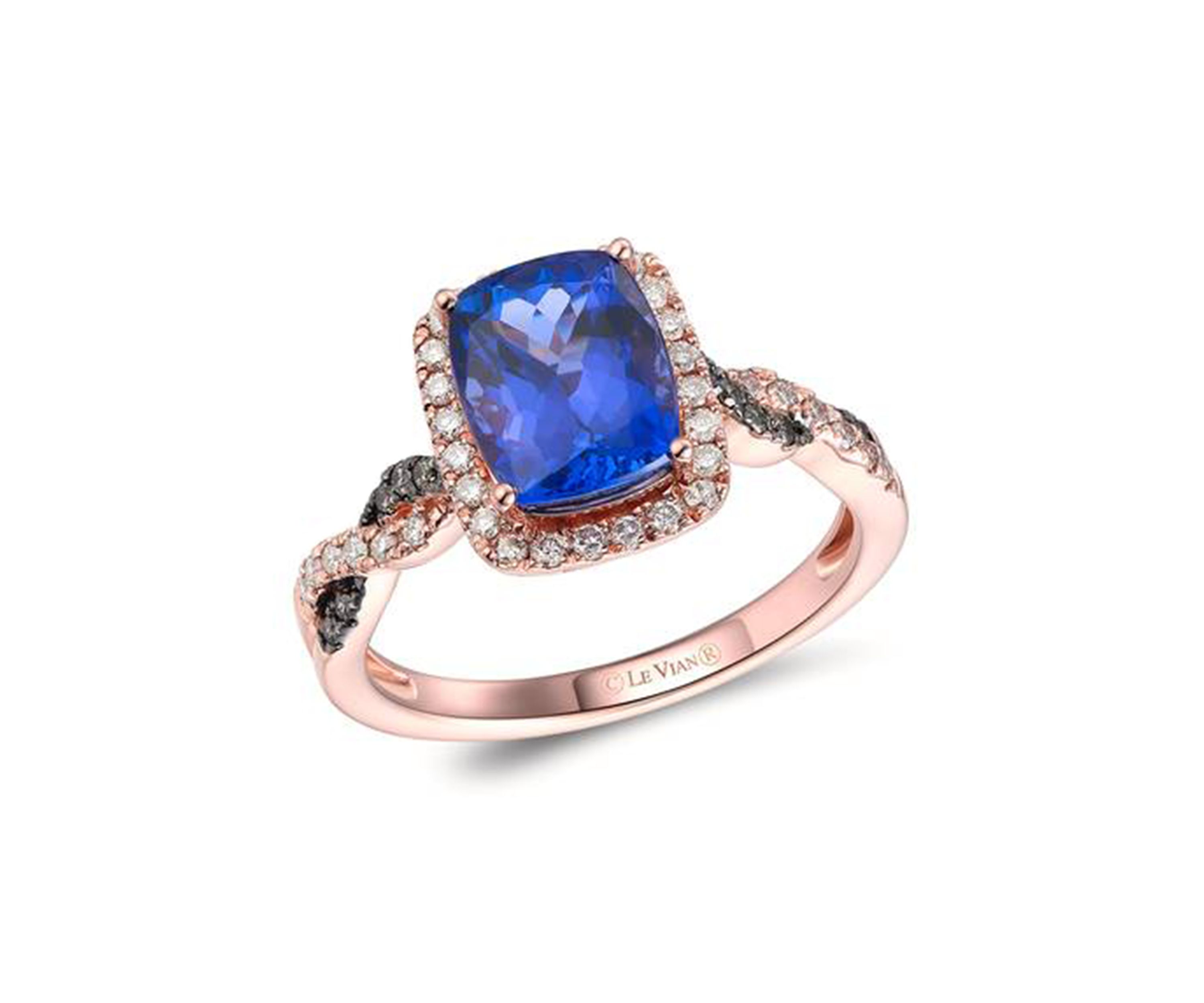 2 ct. t.w. Blueberry Tanzanite®, 1/4 ct. t.w. Nude Diamonds™, 1/15 ct. t.w. Chocolate Diamonds® Ring in 14K Strawberry Gold®