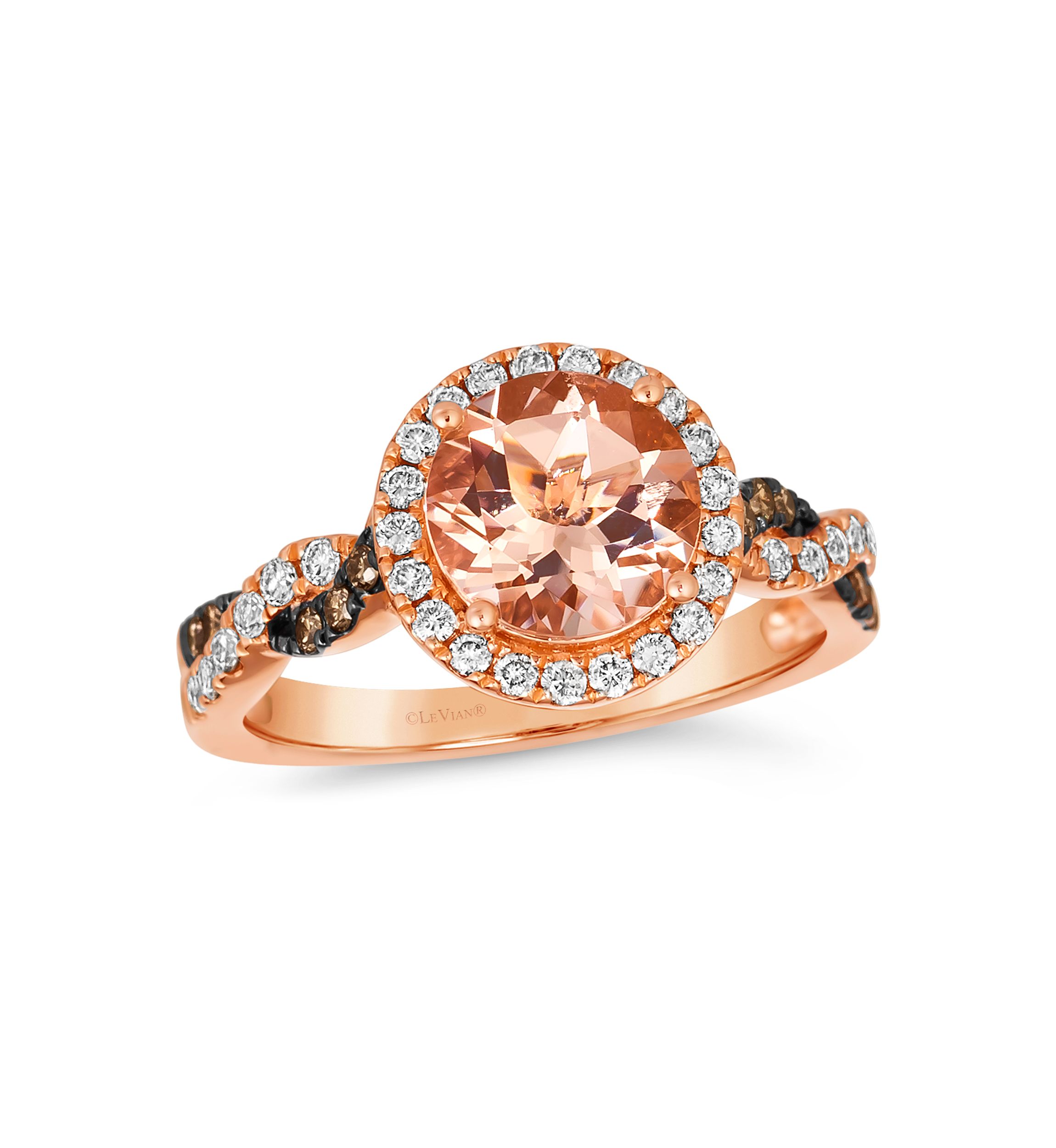 Ring featuring 1.38 ct. t.w. Peach Morganite™, 1/10 ct. t.w. Chocolate Diamonds®, 1/3 ct. t.w. Nude Diamonds™ set in 14K Strawberry Gold®
