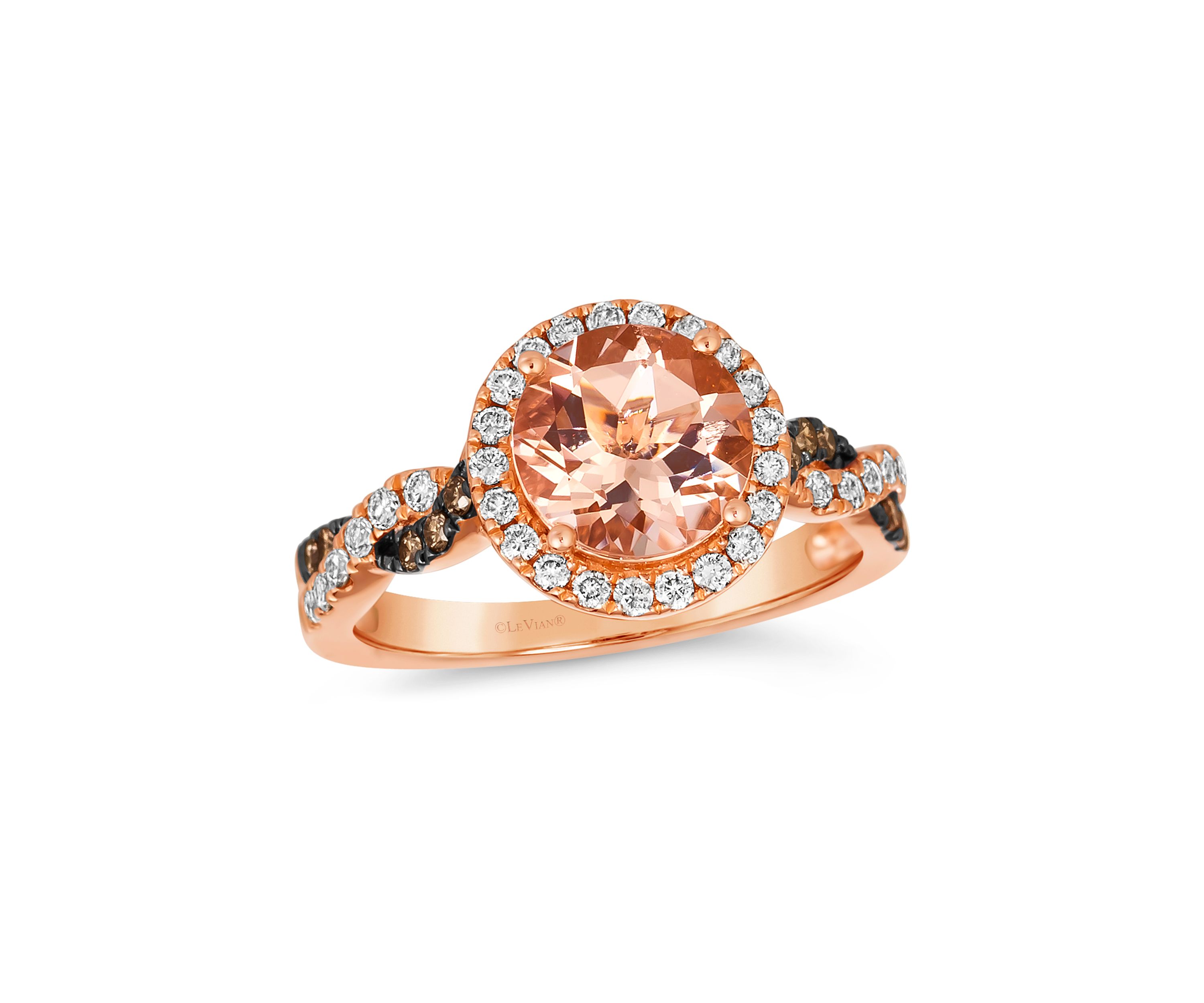 Ring featuring 1.38 ct. t.w. Peach Morganite™, 1/10 ct. t.w. Chocolate Diamonds®, 1/3 ct. t.w. Nude Diamonds™ set in 14K Strawberry Gold®