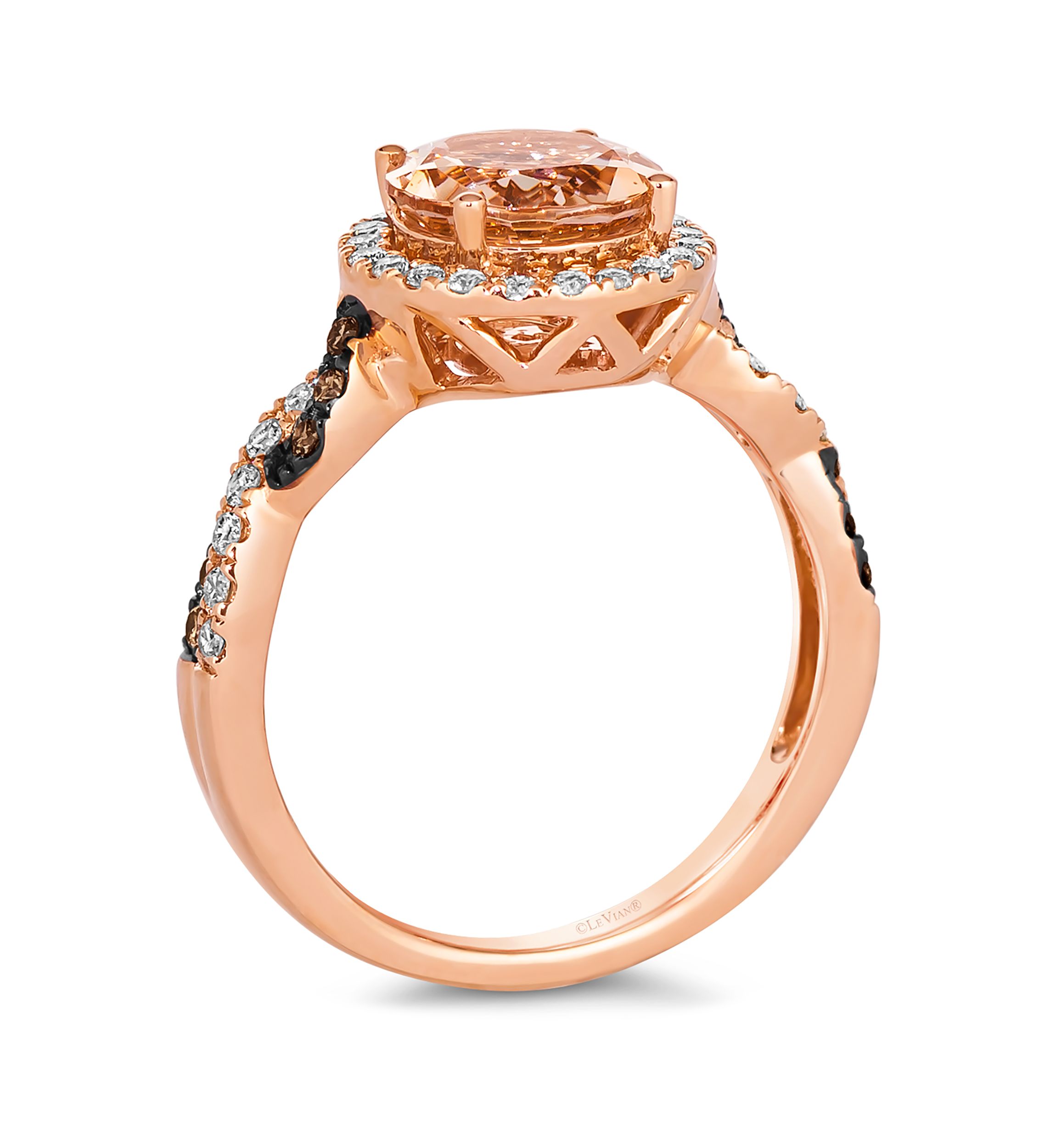 Ring featuring 1.38 ct. t.w. Peach Morganite™, 1/10 ct. t.w. Chocolate Diamonds®, 1/3 ct. t.w. Nude Diamonds™ set in 14K Strawberry Gold®