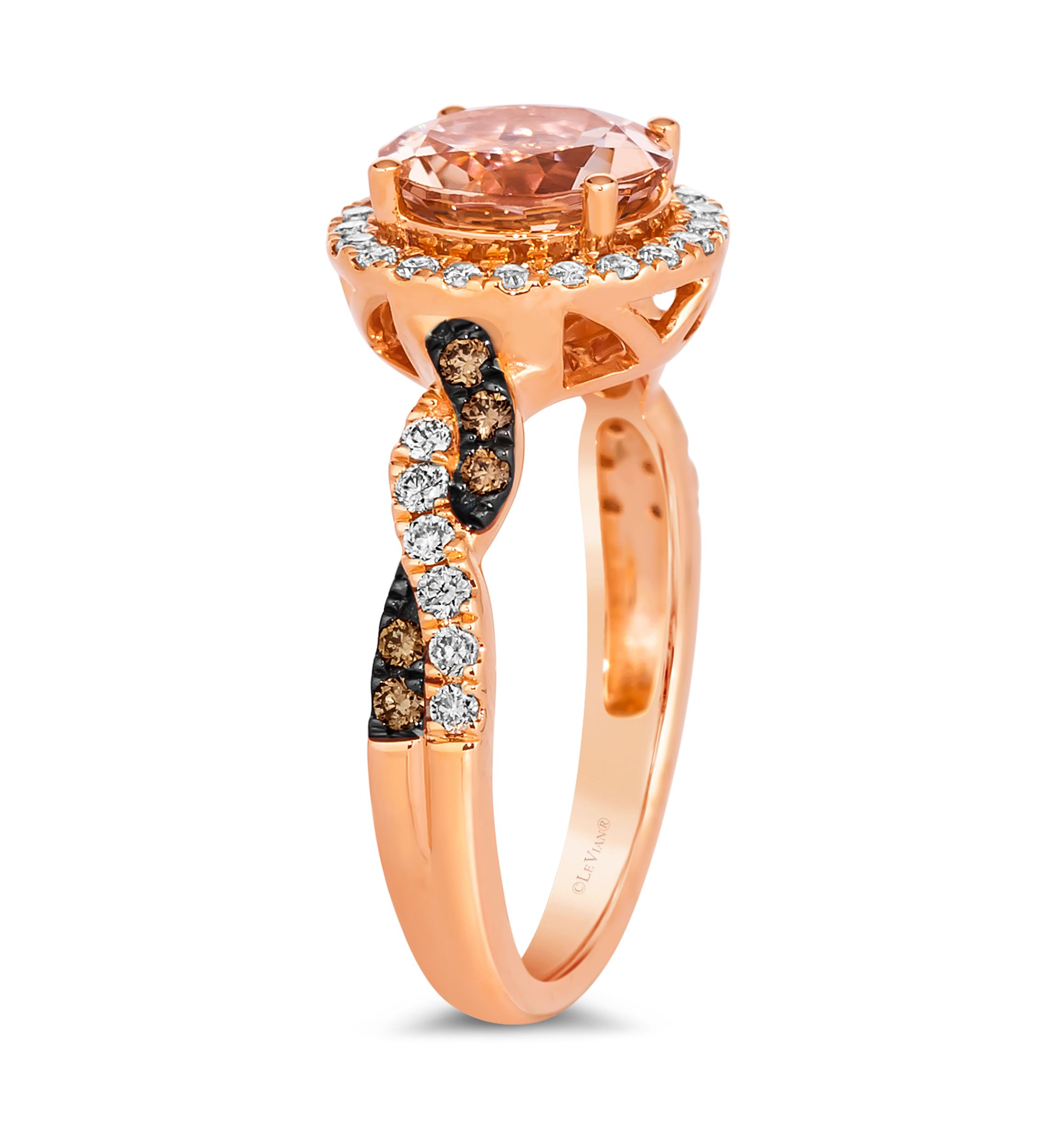Ring featuring 1.38 ct. t.w. Peach Morganite™, 1/10 ct. t.w. Chocolate Diamonds®, 1/3 ct. t.w. Nude Diamonds™ set in 14K Strawberry Gold®