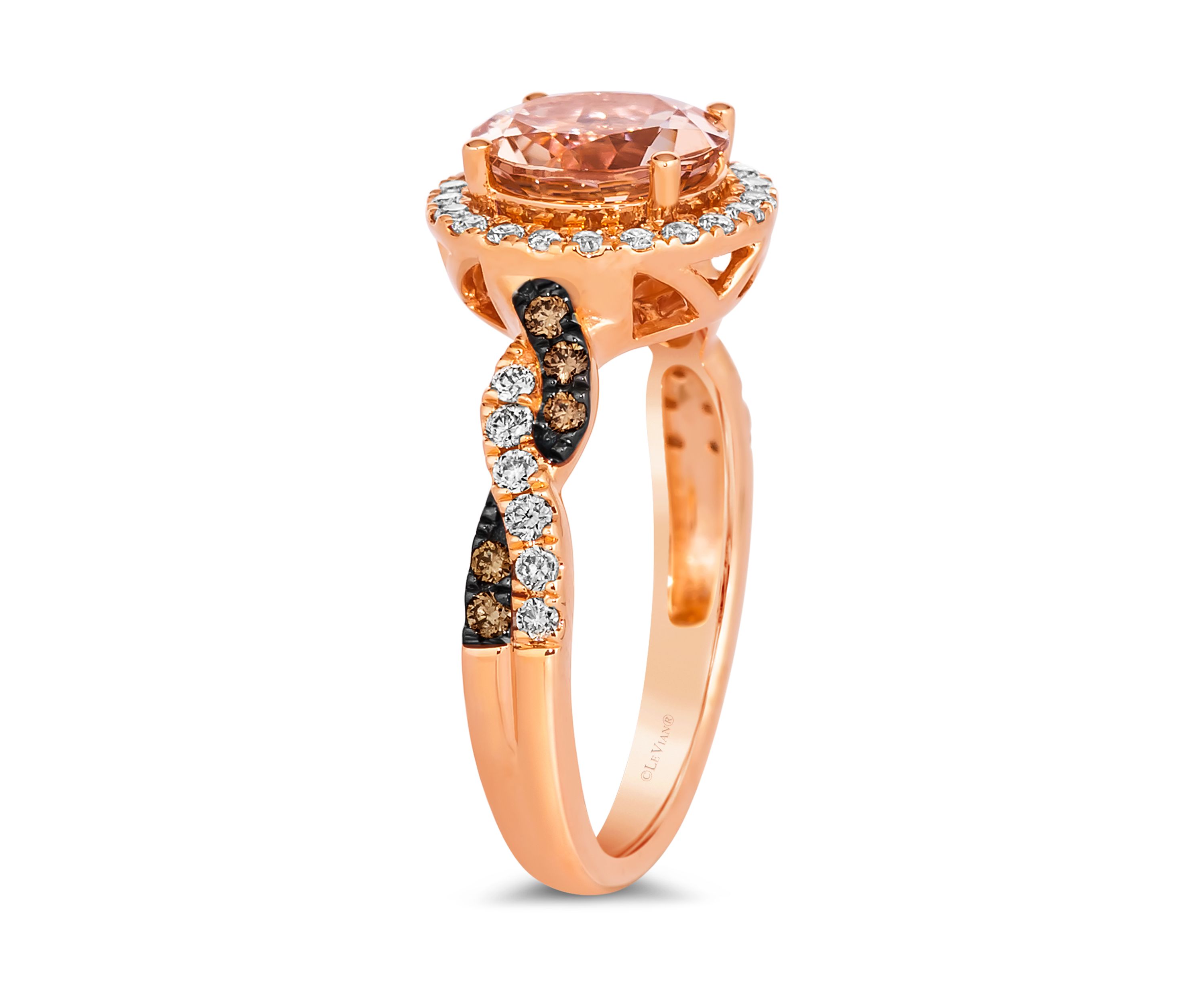 Ring featuring 1.38 ct. t.w. Peach Morganite™, 1/10 ct. t.w. Chocolate Diamonds®, 1/3 ct. t.w. Nude Diamonds™ set in 14K Strawberry Gold®