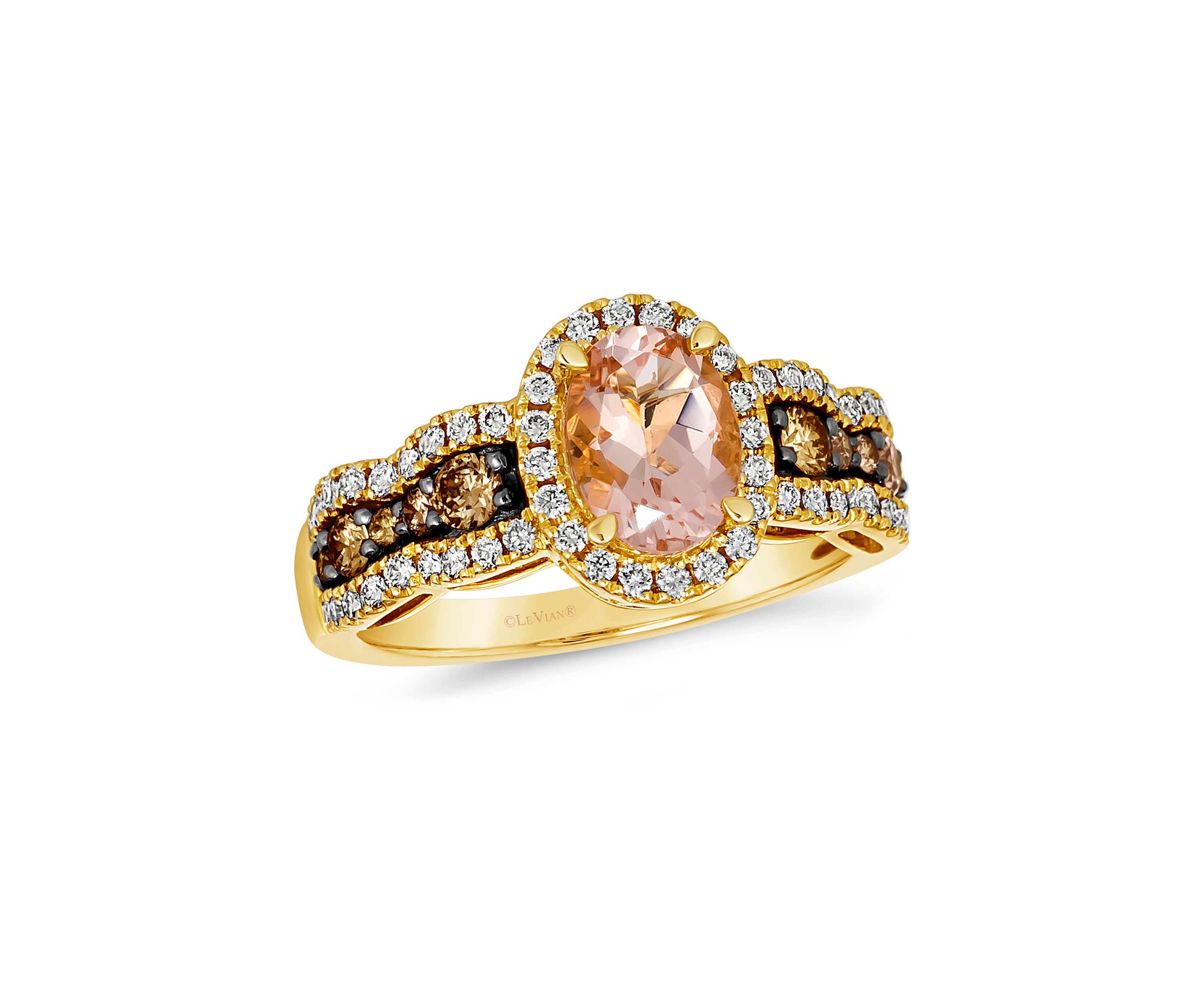 Ring featuring 3/4 ct. t.w. Peach Morganite™, 1/3 ct. t.w. Chocolate Diamonds®, 3/8 ct. t.w. Nude Diamonds™ set in 14K Honey Gold™
