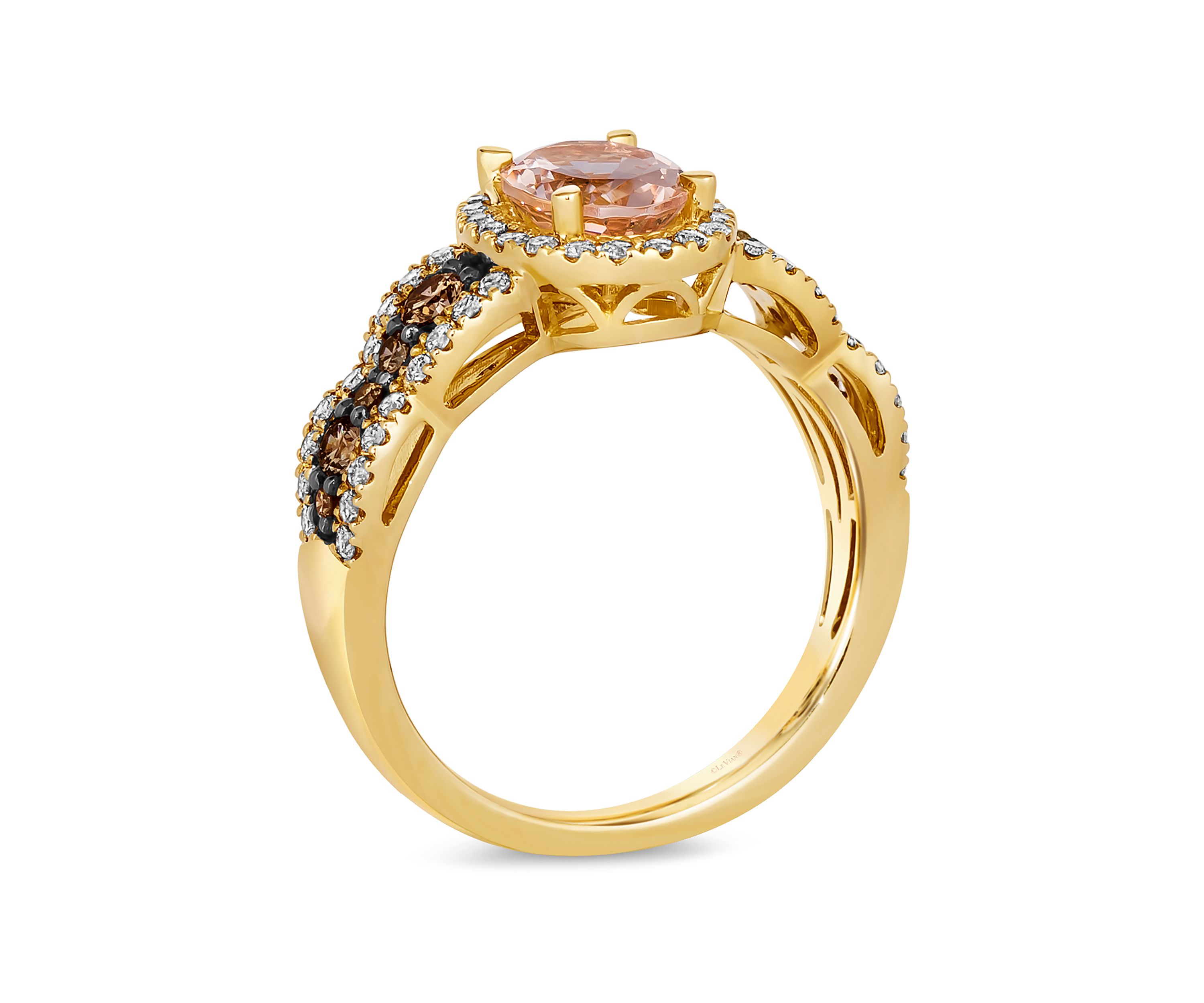 Ring featuring 3/4 ct. t.w. Peach Morganite™, 1/3 ct. t.w. Chocolate Diamonds®, 3/8 ct. t.w. Nude Diamonds™ set in 14K Honey Gold™