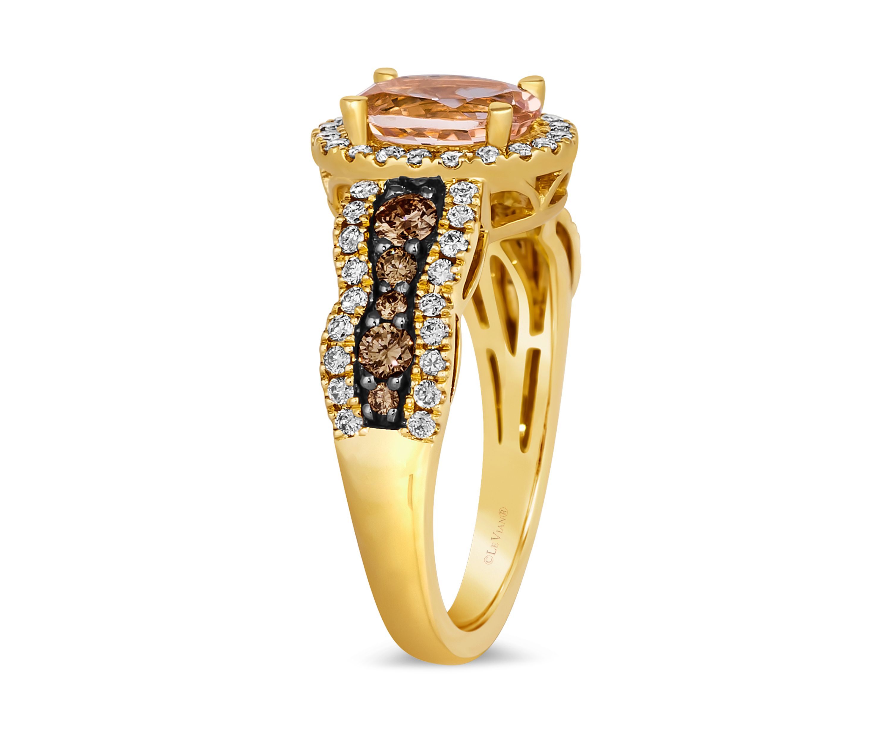 Ring featuring 3/4 ct. t.w. Peach Morganite™, 1/3 ct. t.w. Chocolate Diamonds®, 3/8 ct. t.w. Nude Diamonds™ set in 14K Honey Gold™