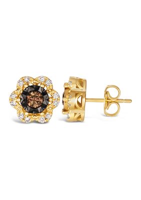 1/2 Ct. T.W. Diamond Bead Edge Flower Double Drop Earrings in 14K Gold