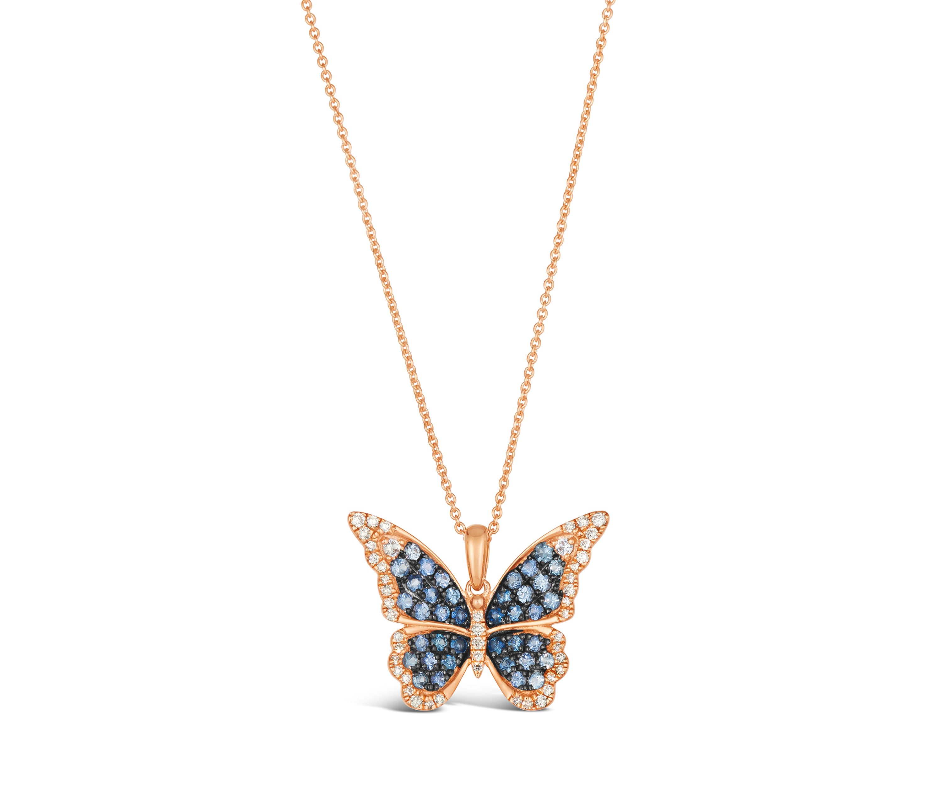 5/8 ct. t.w. Denim Ombré®, 1/20 ct. t.w. White Sapphire, 1/5 ct. t.w. Vanilla Diamonds® Butterfly Necklace in 14K Strawberry Gold®