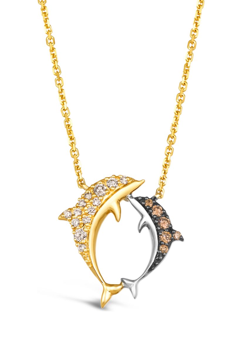 1/8 ct. t.w. Nude Diamonds™, 1/10 ct. t.w. Chocolate Diamonds® Adjustable Dolphin Necklace in 14K Two Tone Gold