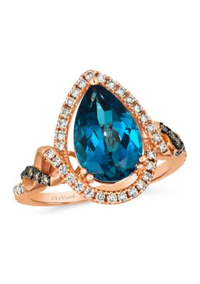  Ring featuring 3 ct. t.w. Deep Sea Blue Topaz™, 1/15 ct. t.w. Chocolate Diamonds®, 1/3 ct. t.w. Nude Diamonds™ set in 14K Strawberry Gold®