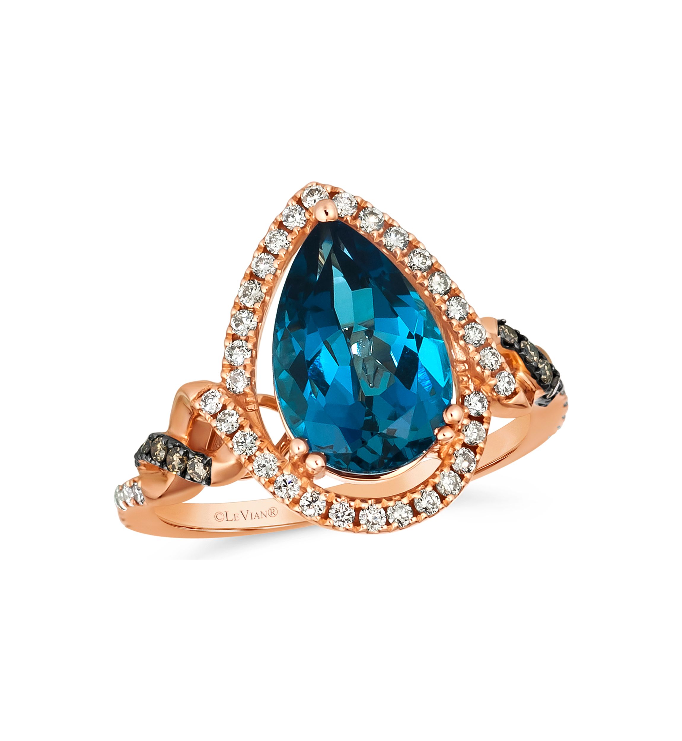  Ring featuring 3 ct. t.w. Deep Sea Blue Topaz™, 1/15 ct. t.w. Chocolate Diamonds®, 1/3 ct. t.w. Nude Diamonds™ set in 14K Strawberry Gold®
