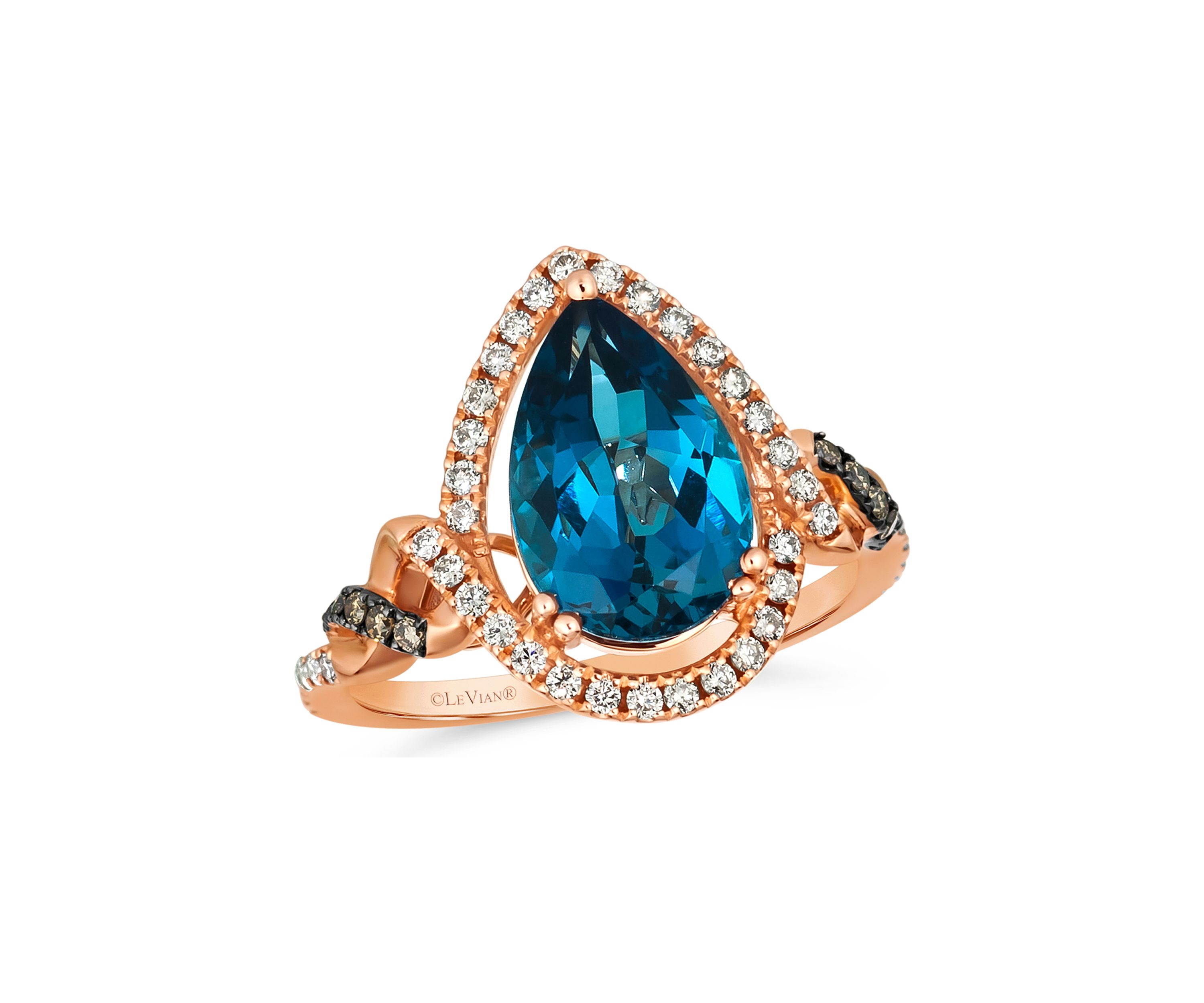  Ring featuring 3 ct. t.w. Deep Sea Blue Topaz™, 1/15 ct. t.w. Chocolate Diamonds®, 1/3 ct. t.w. Nude Diamonds™ set in 14K Strawberry Gold®