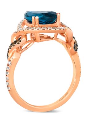  Ring featuring 3 ct. t.w. Deep Sea Blue Topaz™, 1/15 ct. t.w. Chocolate Diamonds®, 1/3 ct. t.w. Nude Diamonds™ set in 14K Strawberry Gold®
