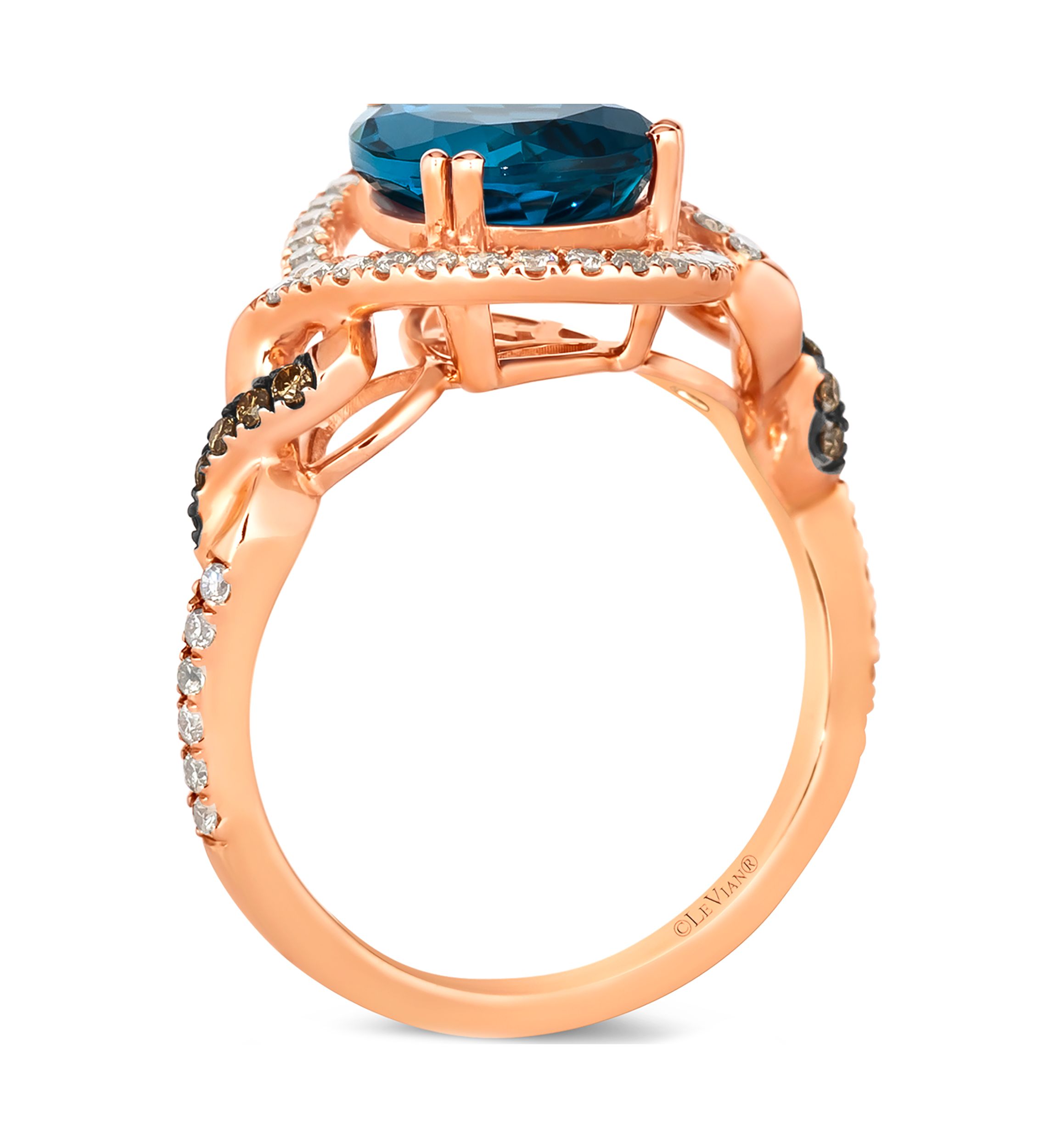  Ring featuring 3 ct. t.w. Deep Sea Blue Topaz™, 1/15 ct. t.w. Chocolate Diamonds®, 1/3 ct. t.w. Nude Diamonds™ set in 14K Strawberry Gold®