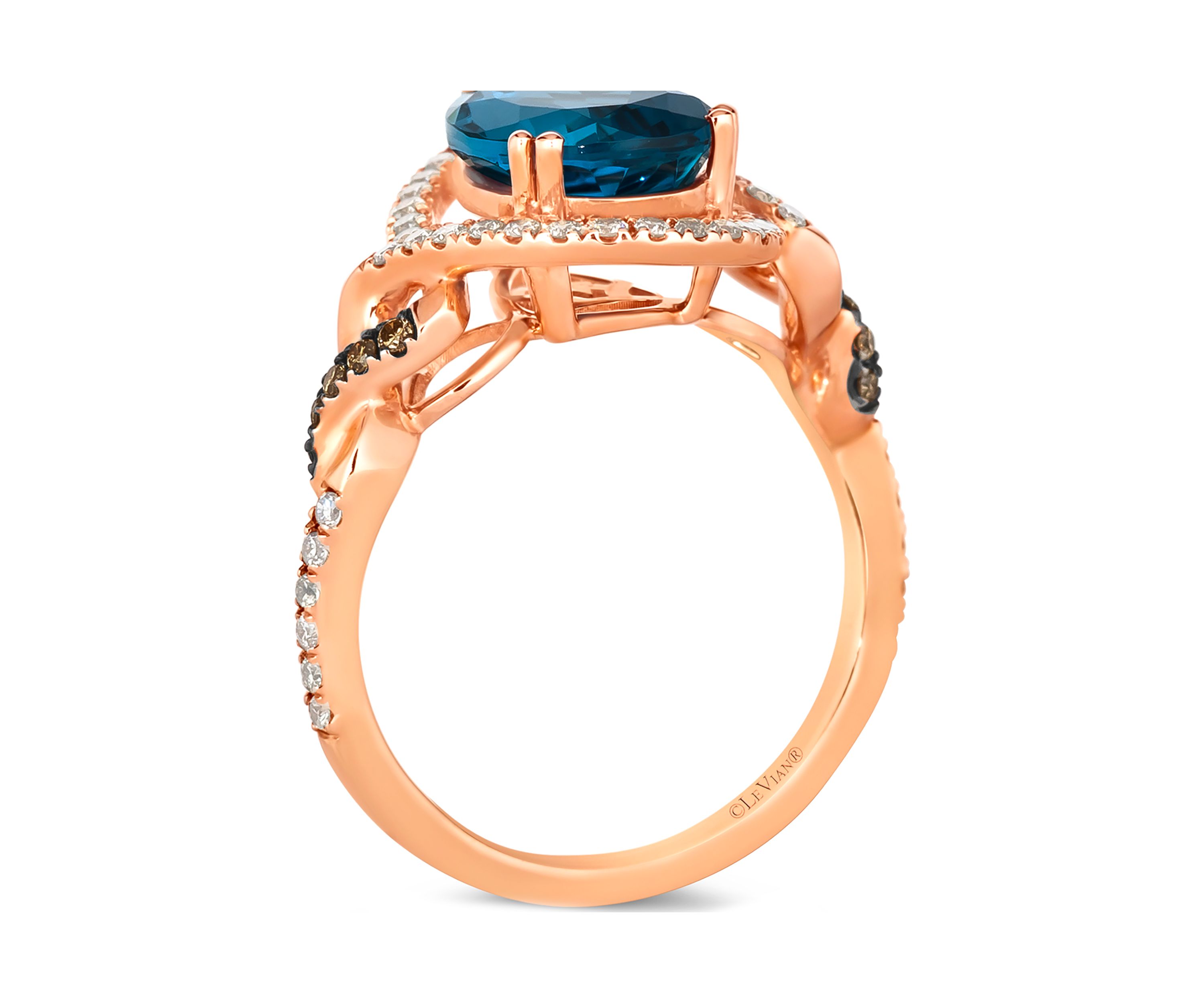  Ring featuring 3 ct. t.w. Deep Sea Blue Topaz™, 1/15 ct. t.w. Chocolate Diamonds®, 1/3 ct. t.w. Nude Diamonds™ set in 14K Strawberry Gold®