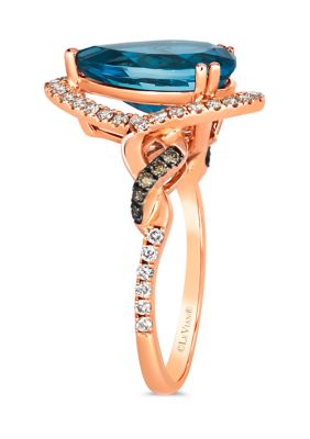  Ring featuring 3 ct. t.w. Deep Sea Blue Topaz™, 1/15 ct. t.w. Chocolate Diamonds®, 1/3 ct. t.w. Nude Diamonds™ set in 14K Strawberry Gold®