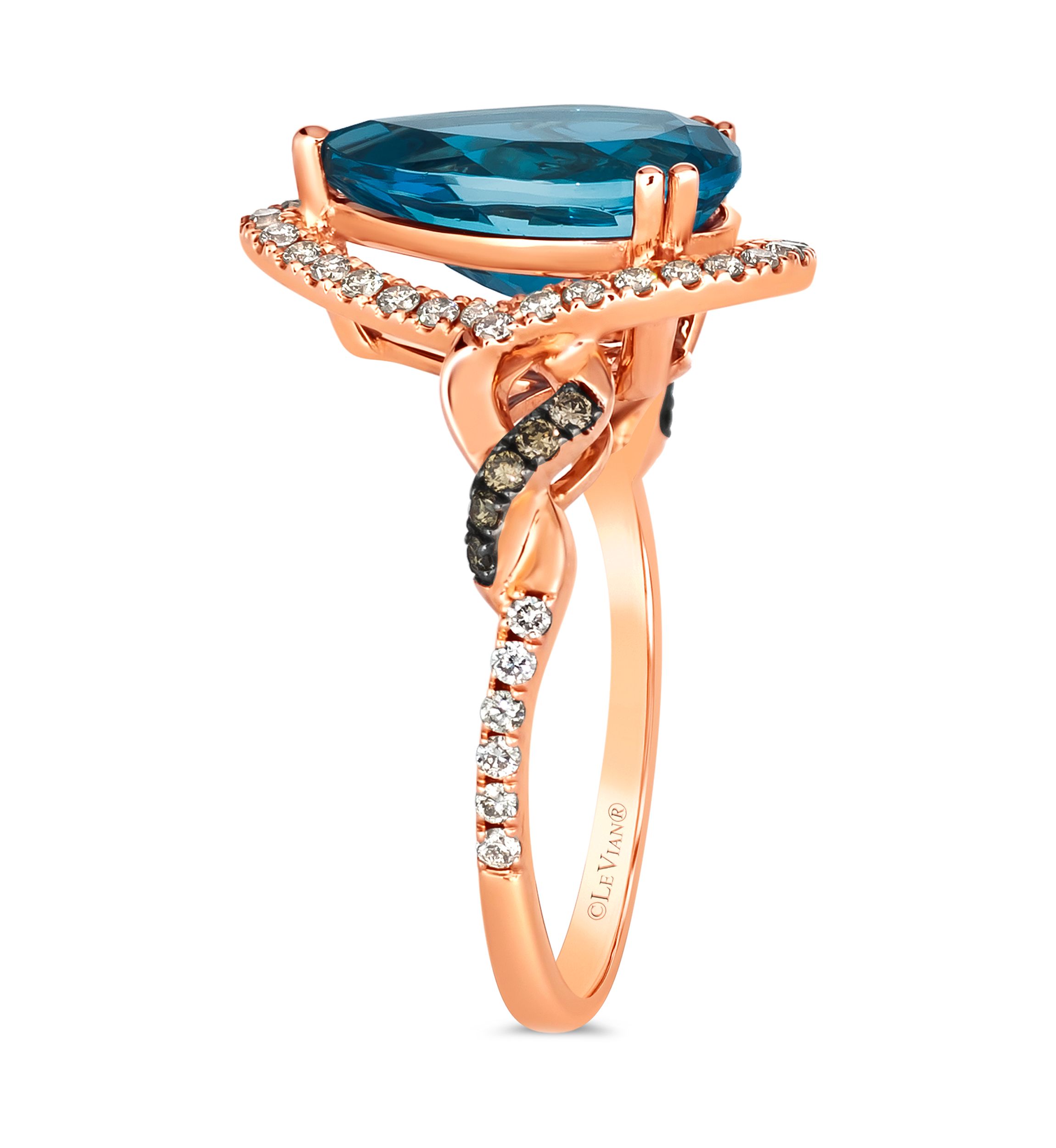  Ring featuring 3 ct. t.w. Deep Sea Blue Topaz™, 1/15 ct. t.w. Chocolate Diamonds®, 1/3 ct. t.w. Nude Diamonds™ set in 14K Strawberry Gold®