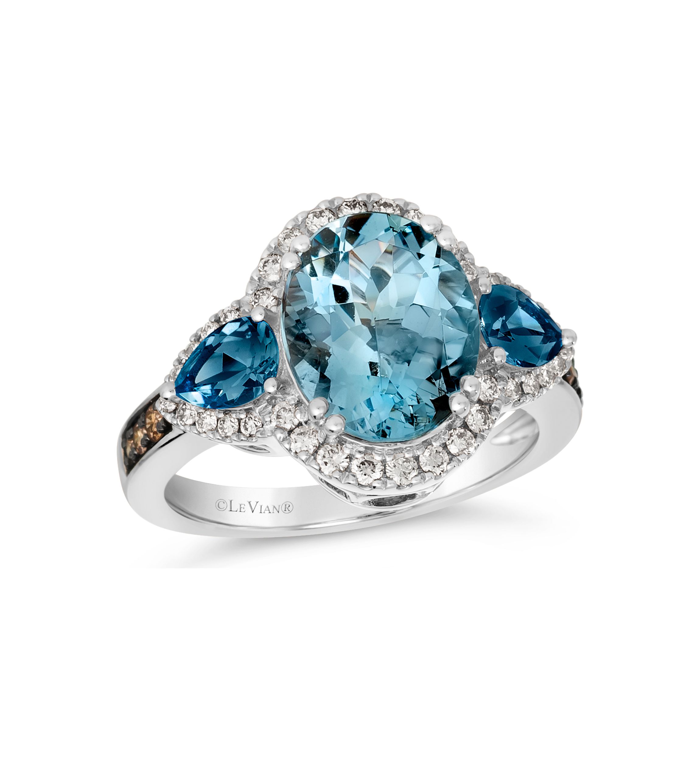 4 ct. t.w. Blue Topaz, 7/8 ct. t.w. Deep Sea Blue Topaz™, 3/8 ct. t.w. of Chocolate Diamonds® and Nude Diamonds™ Ring in 14K Vanilla Gold®