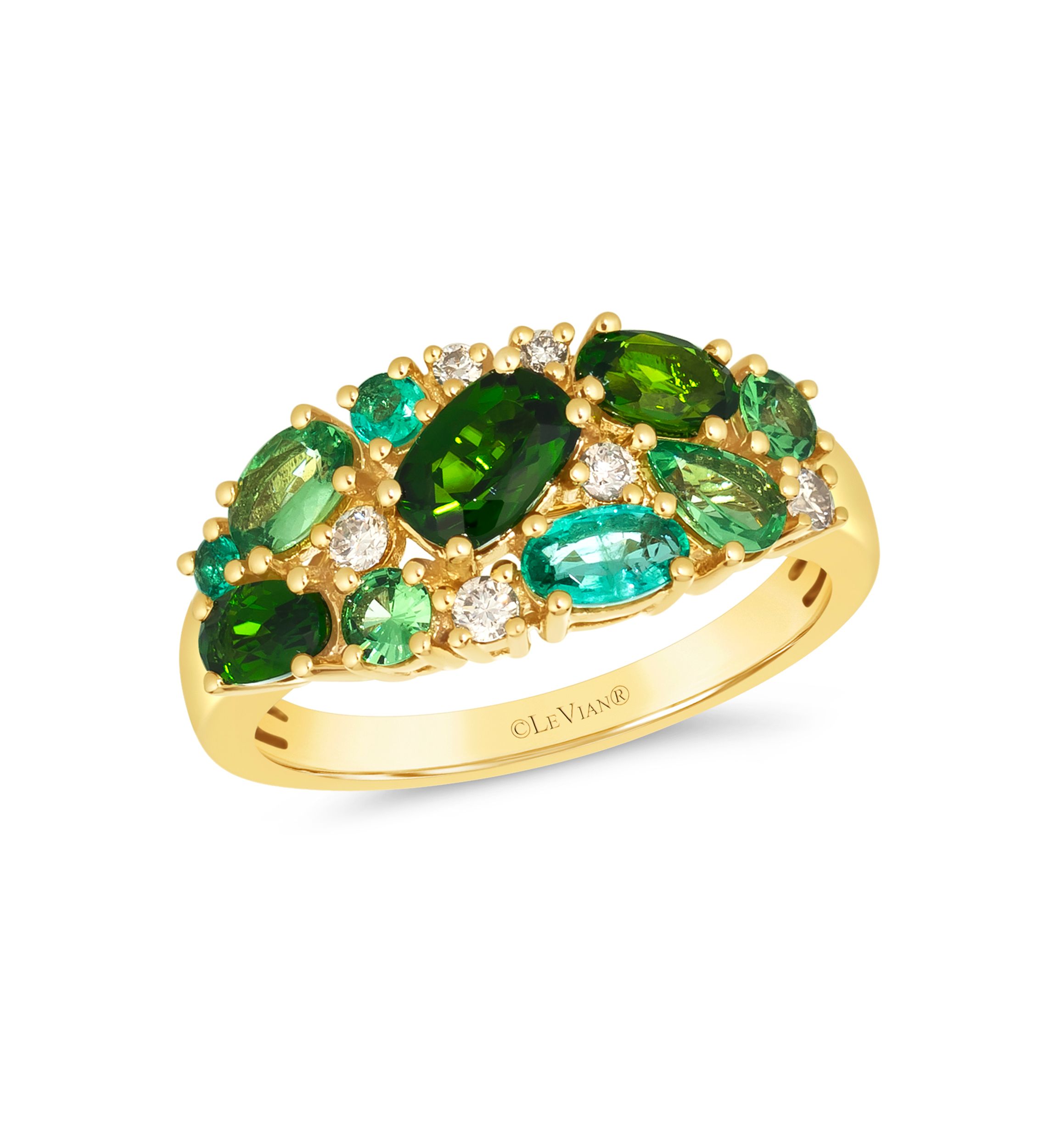 1 ct. t.w. Pistachio Diopside®, 1/2 ct. t.w. Forest Green Tsavorite™, 1/4 ct. t.w. Costa Smeralda Emeralds™, 1/8 ct. t.w. Nude Diamonds™ Ring in 14K Honey Gold™