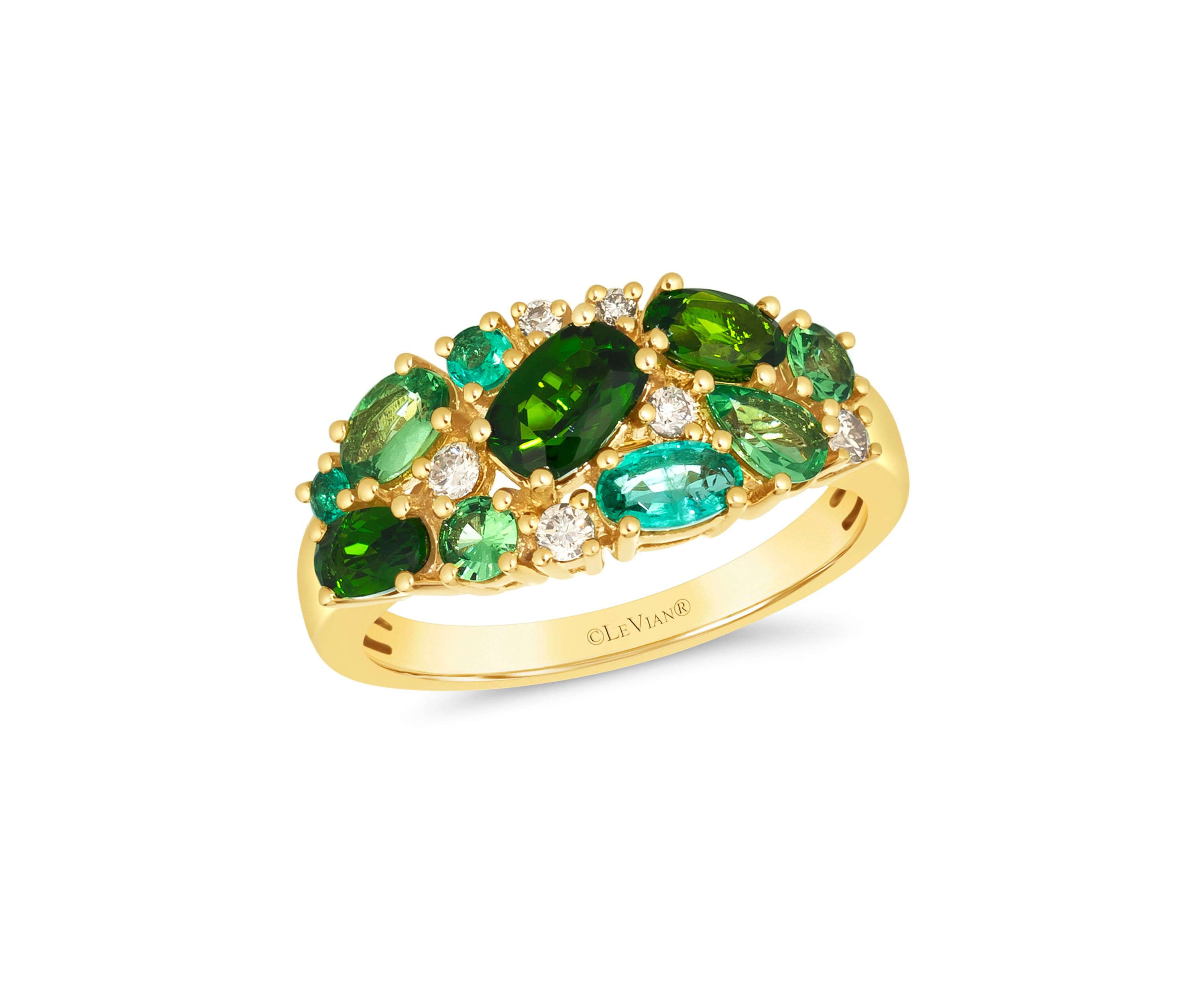 1 ct. t.w. Pistachio Diopside®, 1/2 ct. t.w. Forest Green Tsavorite™, 1/4 ct. t.w. Costa Smeralda Emeralds™, 1/8 ct. t.w. Nude Diamonds™ Ring in 14K Honey Gold™