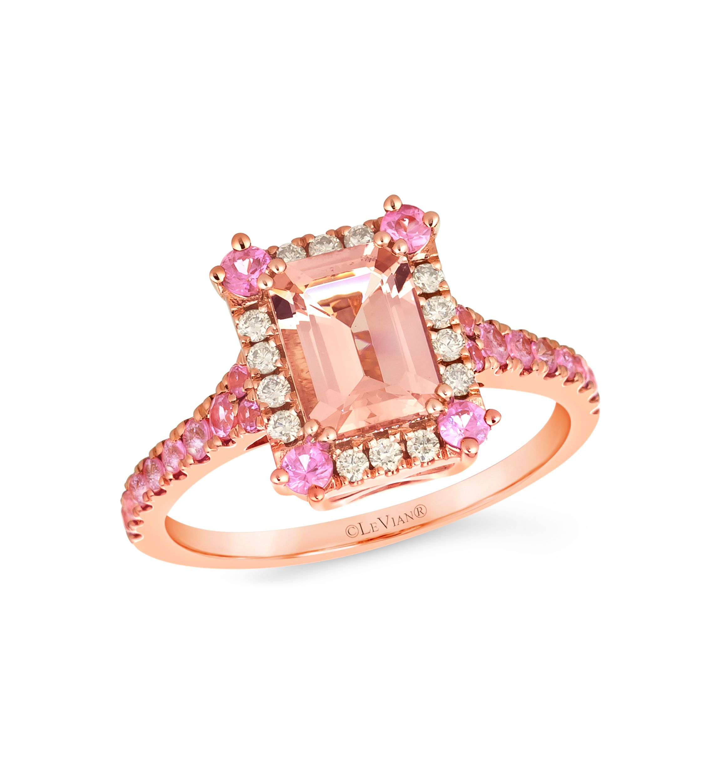 Ring featuring 1.25 ct. t.w. Peach Morganite™, 1/2 ct. t.w. Bubble Gum Pink Sapphire™, 1/6 ct. t.w. Nude Diamonds™ set in 14K Strawberry Gold®