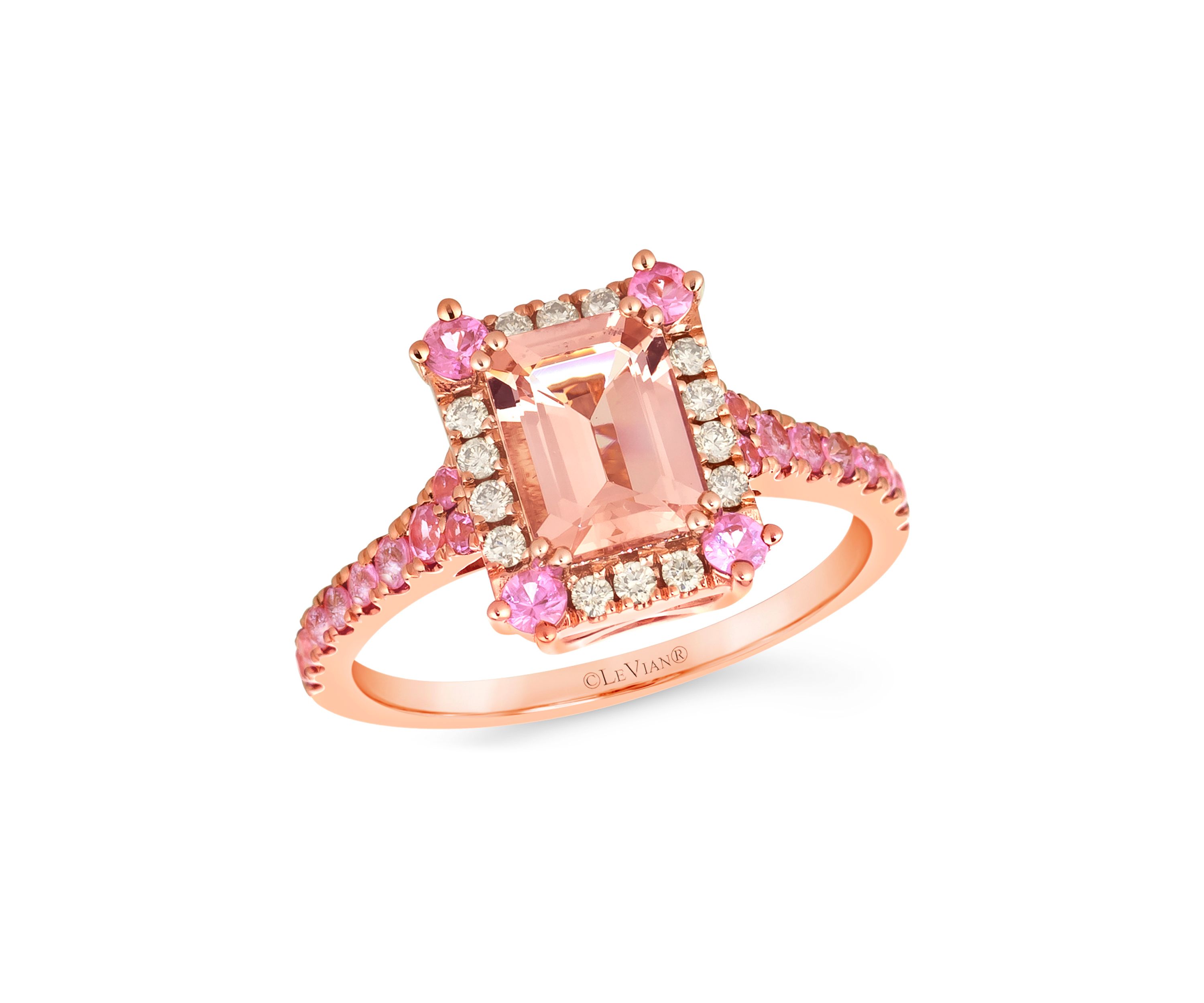 Ring featuring 1.25 ct. t.w. Peach Morganite™, 1/2 ct. t.w. Bubble Gum Pink Sapphire™, 1/6 ct. t.w. Nude Diamonds™ set in 14K Strawberry Gold®