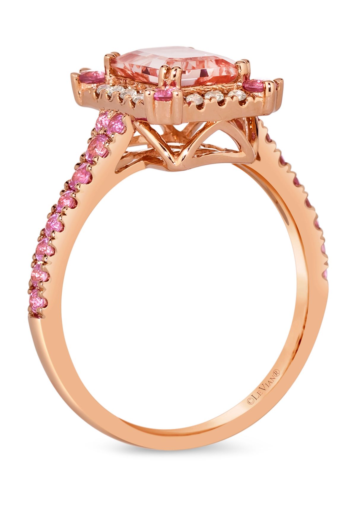 Ring featuring 1.25 ct. t.w. Peach Morganite™, 1/2 ct. t.w. Bubble Gum Pink Sapphire™, 1/6 ct. t.w. Nude Diamonds™ set in 14K Strawberry Gold®