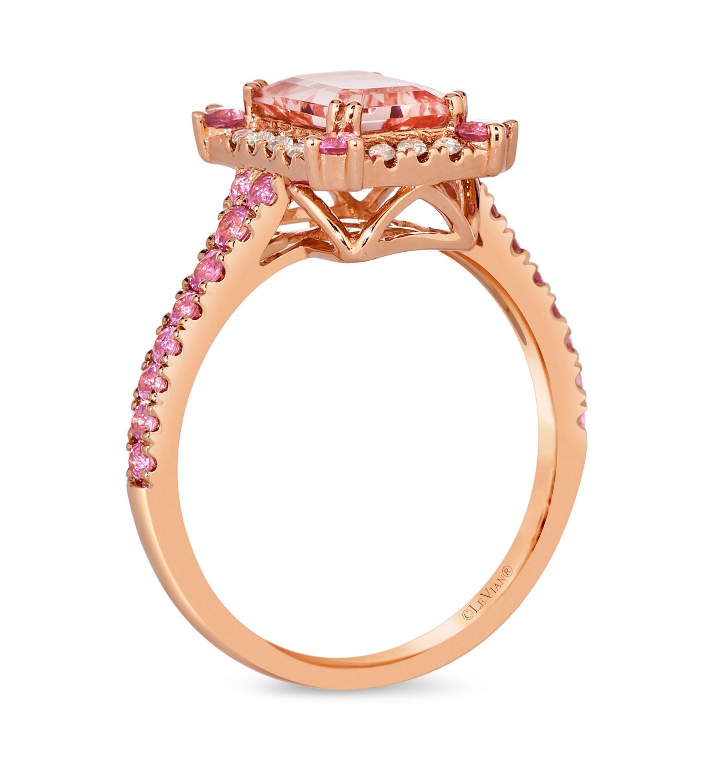 Ring featuring 1.25 ct. t.w. Peach Morganite™, 1/2 ct. t.w. Bubble Gum Pink Sapphire™, 1/6 ct. t.w. Nude Diamonds™ set in 14K Strawberry Gold®