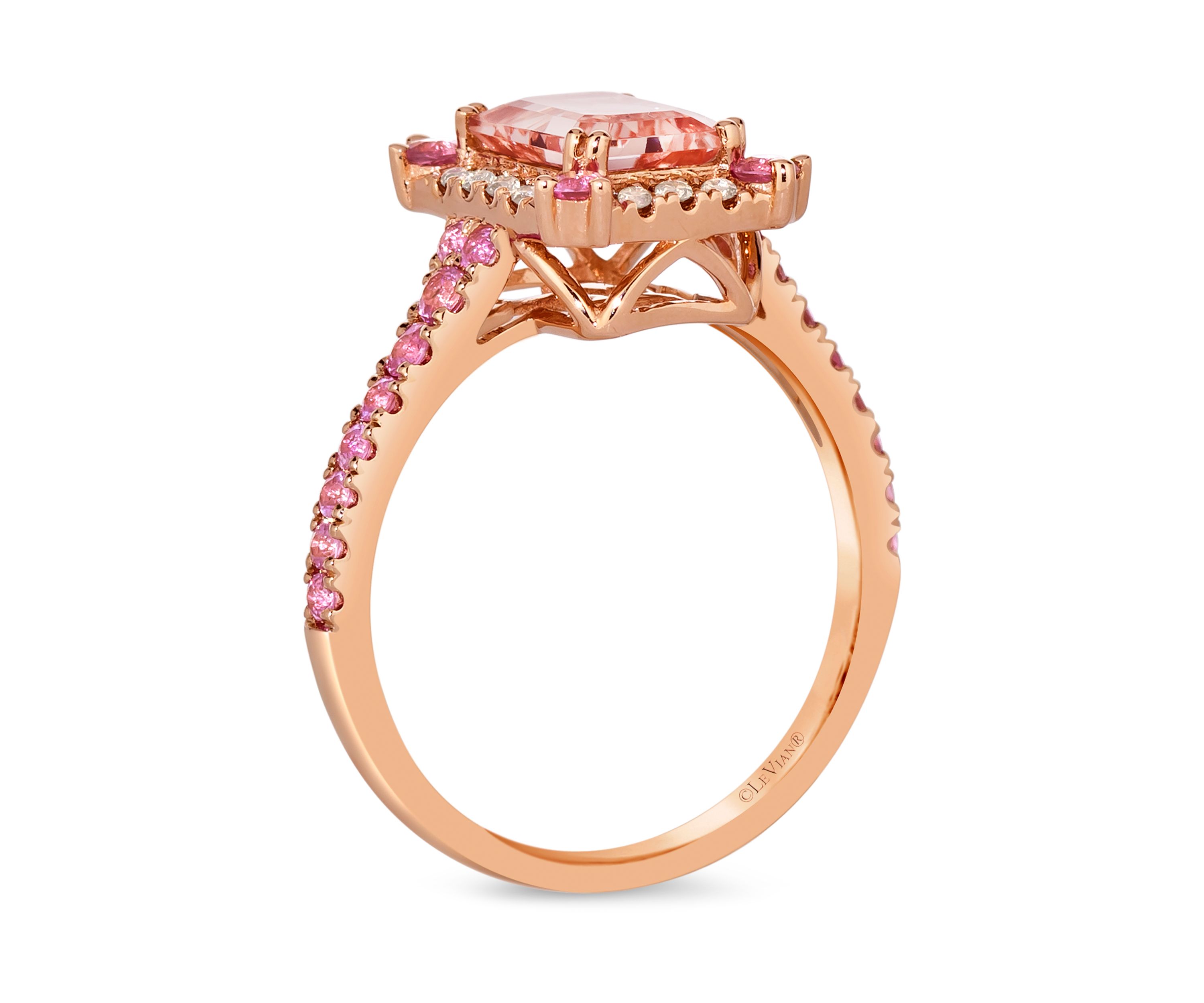 Ring featuring 1.25 ct. t.w. Peach Morganite™, 1/2 ct. t.w. Bubble Gum Pink Sapphire™, 1/6 ct. t.w. Nude Diamonds™ set in 14K Strawberry Gold®