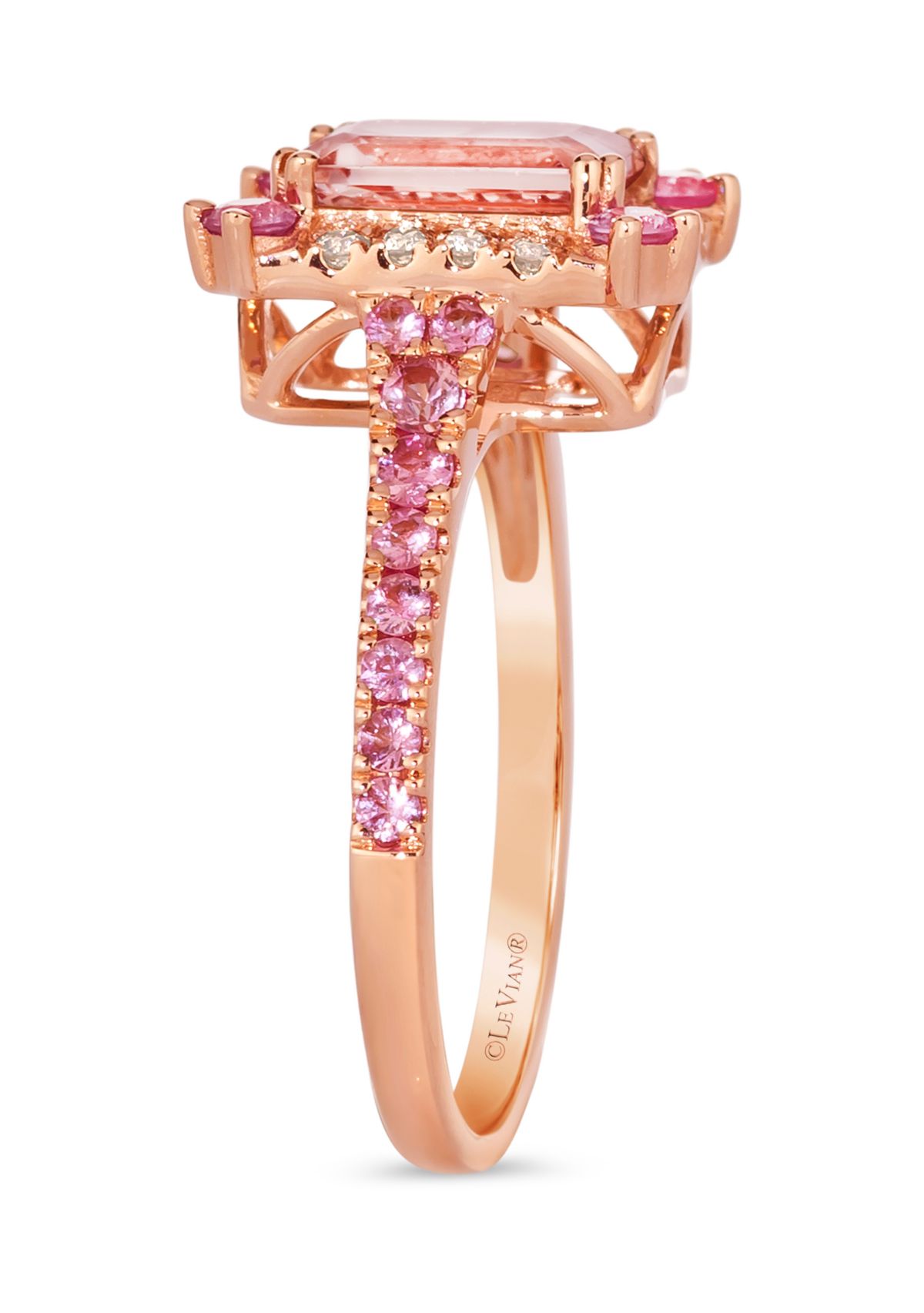 Ring featuring 1.25 ct. t.w. Peach Morganite™, 1/2 ct. t.w. Bubble Gum Pink Sapphire™, 1/6 ct. t.w. Nude Diamonds™ set in 14K Strawberry Gold®
