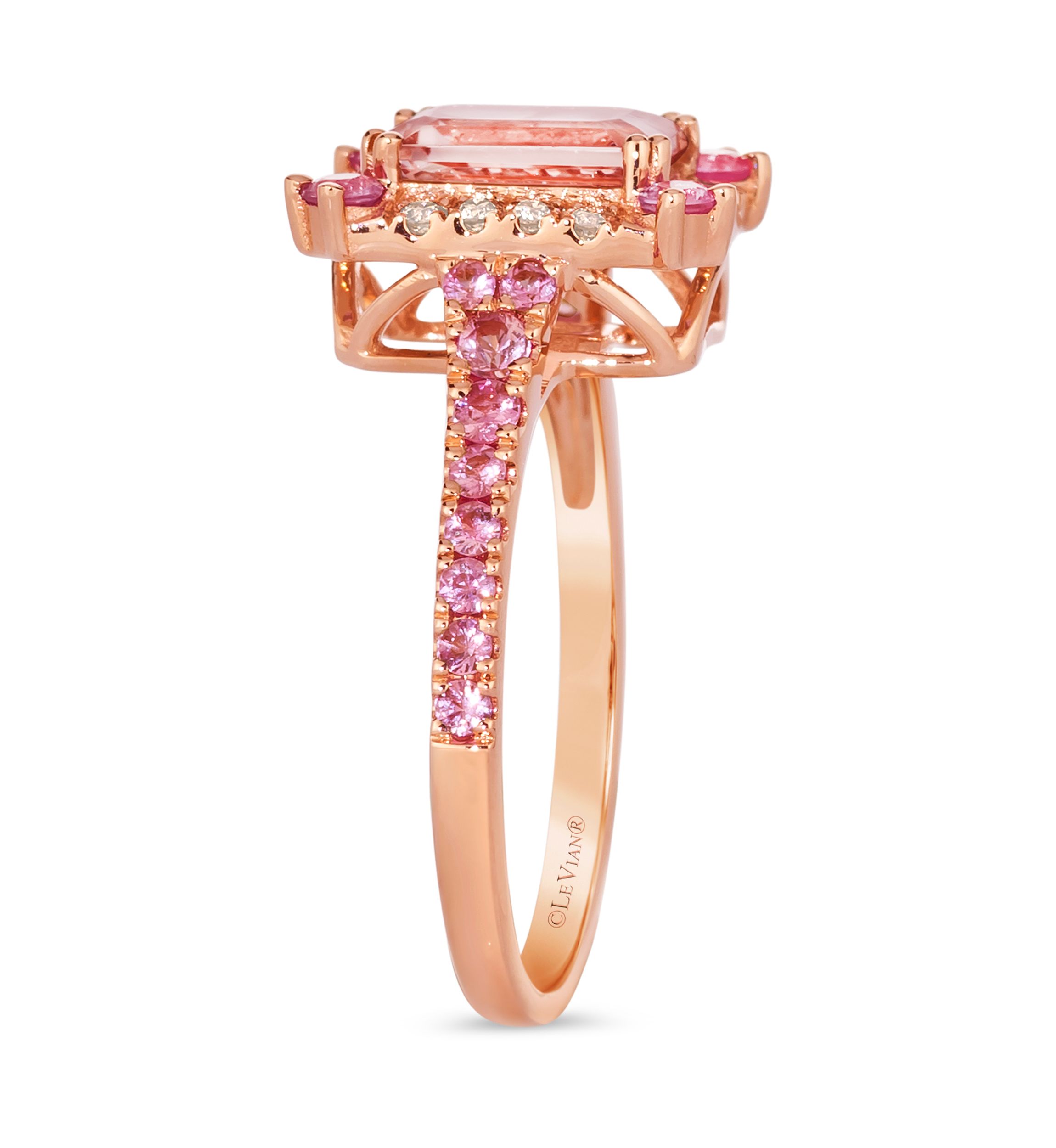 Ring featuring 1.25 ct. t.w. Peach Morganite™, 1/2 ct. t.w. Bubble Gum Pink Sapphire™, 1/6 ct. t.w. Nude Diamonds™ set in 14K Strawberry Gold®