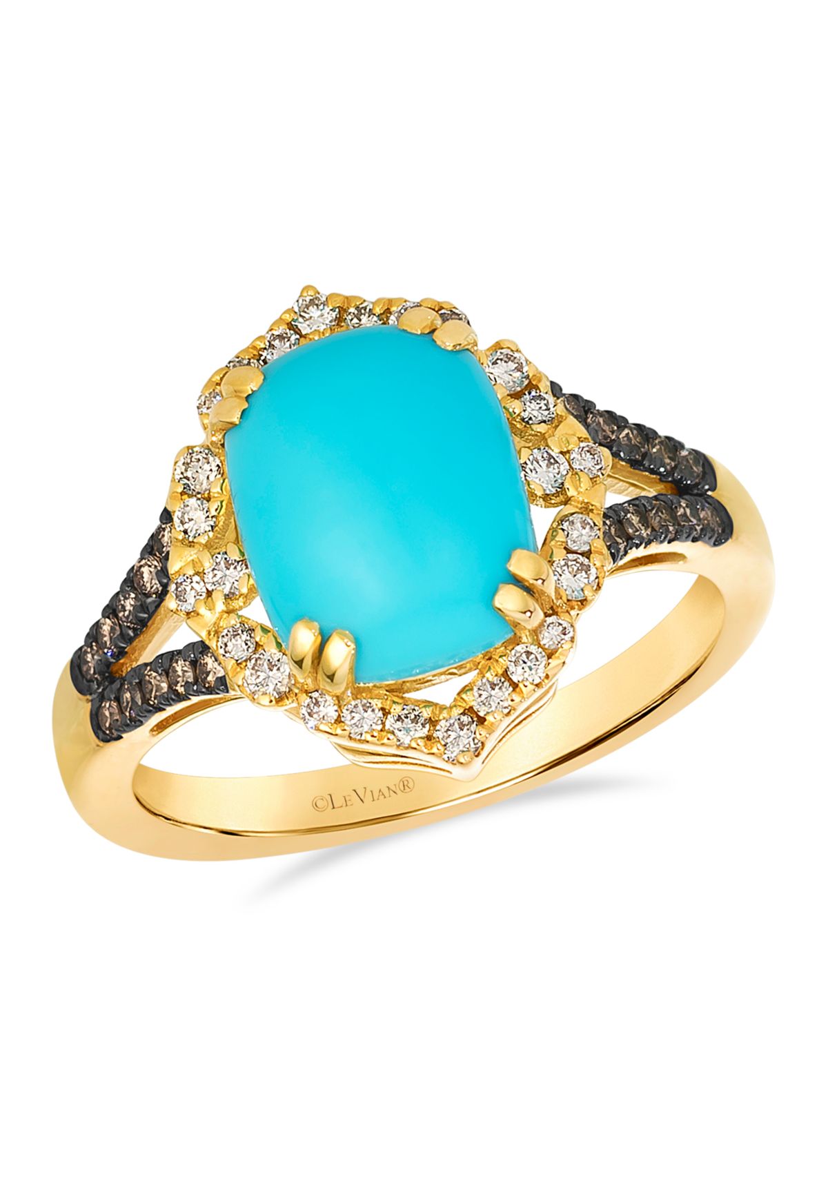 Ring featuring 2.3 ct. t.w. Robins Egg Blue Turquoise™, 1/5 ct. t.w. Nude Diamonds™, 1/6 ct. t.w. Chocolate Diamonds® set in 14K Honey Gold™