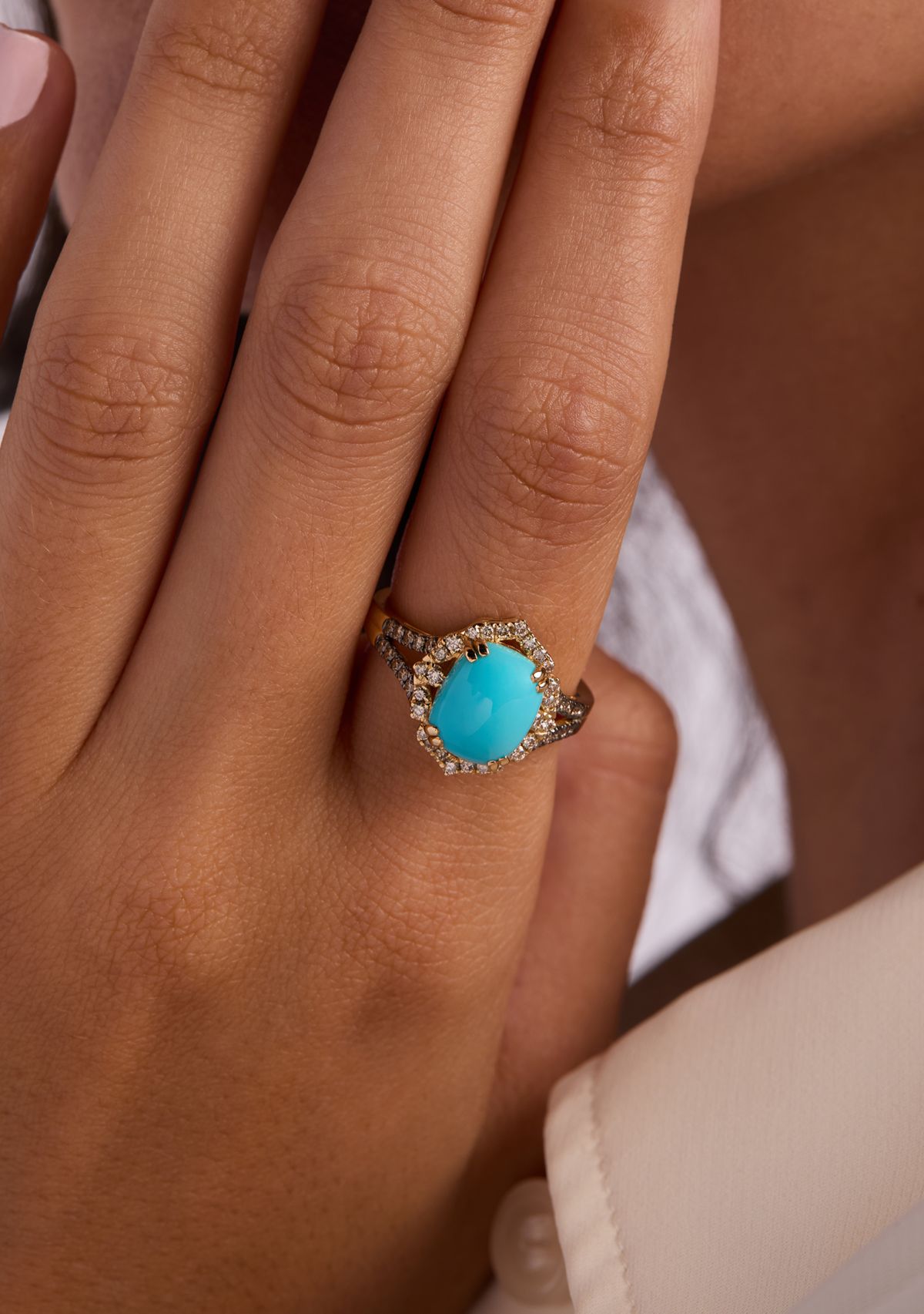 Ring featuring 2.3 ct. t.w. Robins Egg Blue Turquoise™, 1/5 ct. t.w. Nude Diamonds™, 1/6 ct. t.w. Chocolate Diamonds® set in 14K Honey Gold™