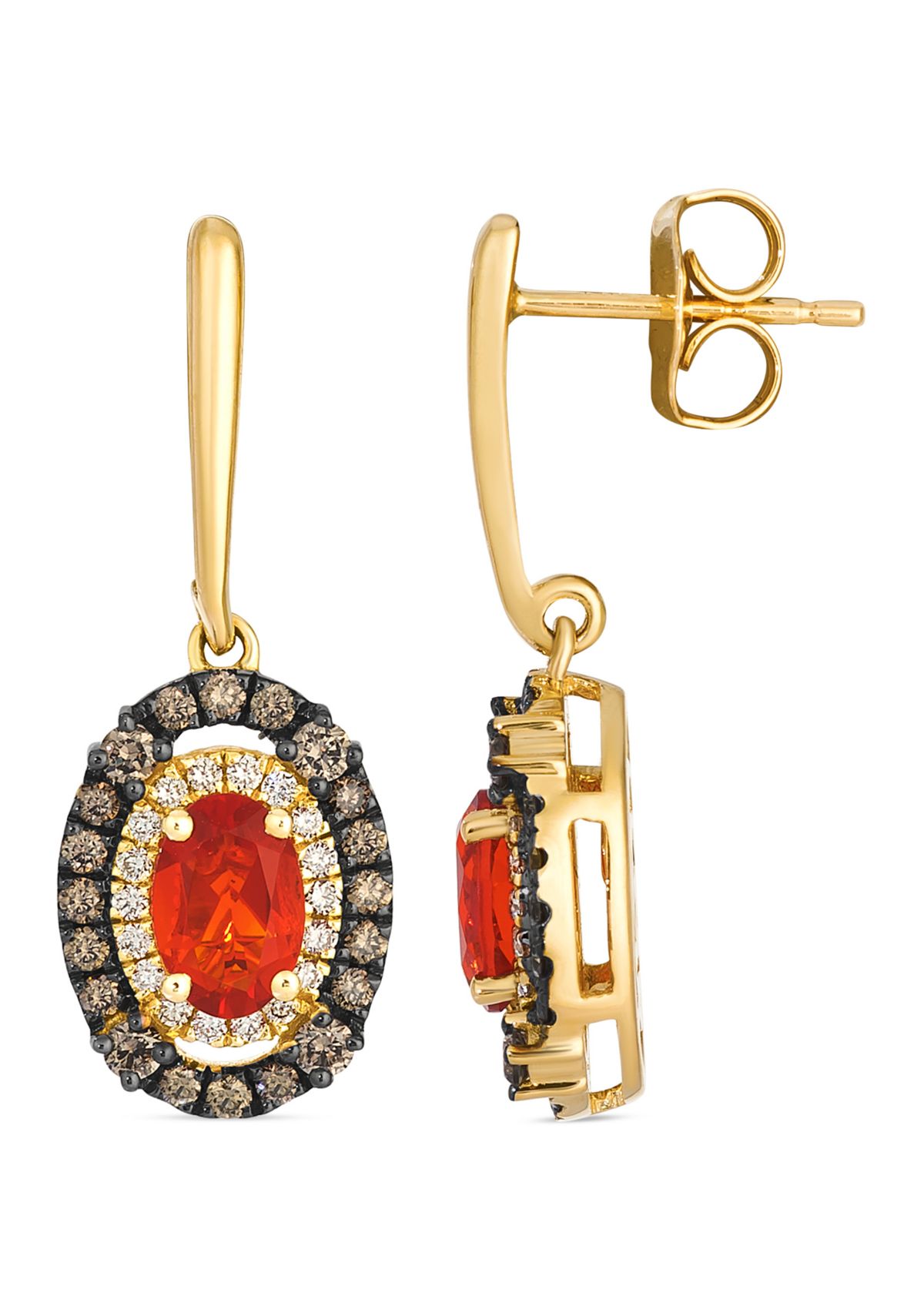 Earrings featuring 1/2 ct. t.w. Neon Tangerine Fire Opal®, 3/8 ct. t.w. Chocolate Diamonds®, 1/8 ct. t.w. Nude Diamonds™ set in 14K Honey Gold™